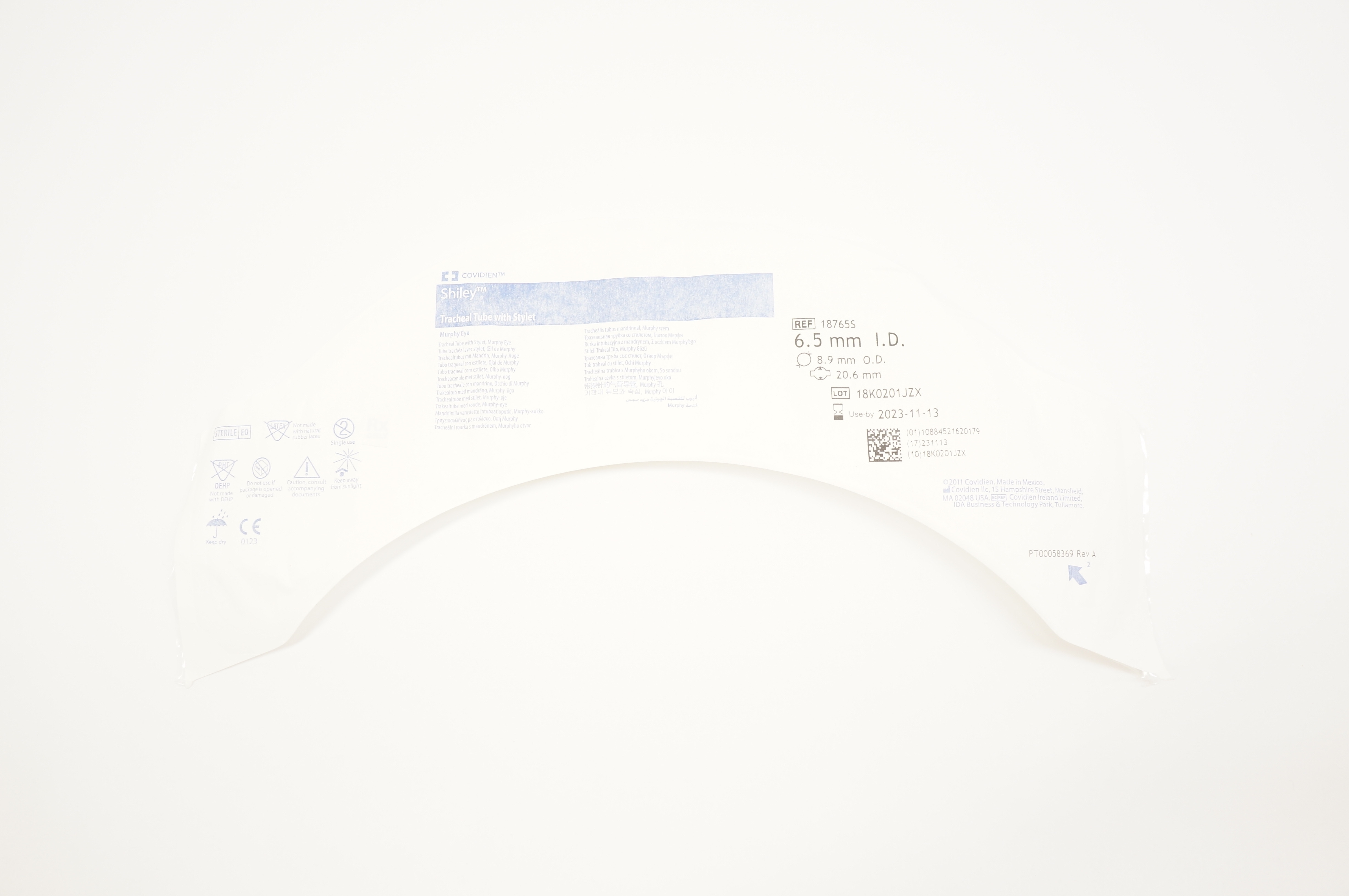Covidien 18765S Shiley Tracheal Tube With Stylet, Murphy Eye, 6.5 mm x 8.9 mm