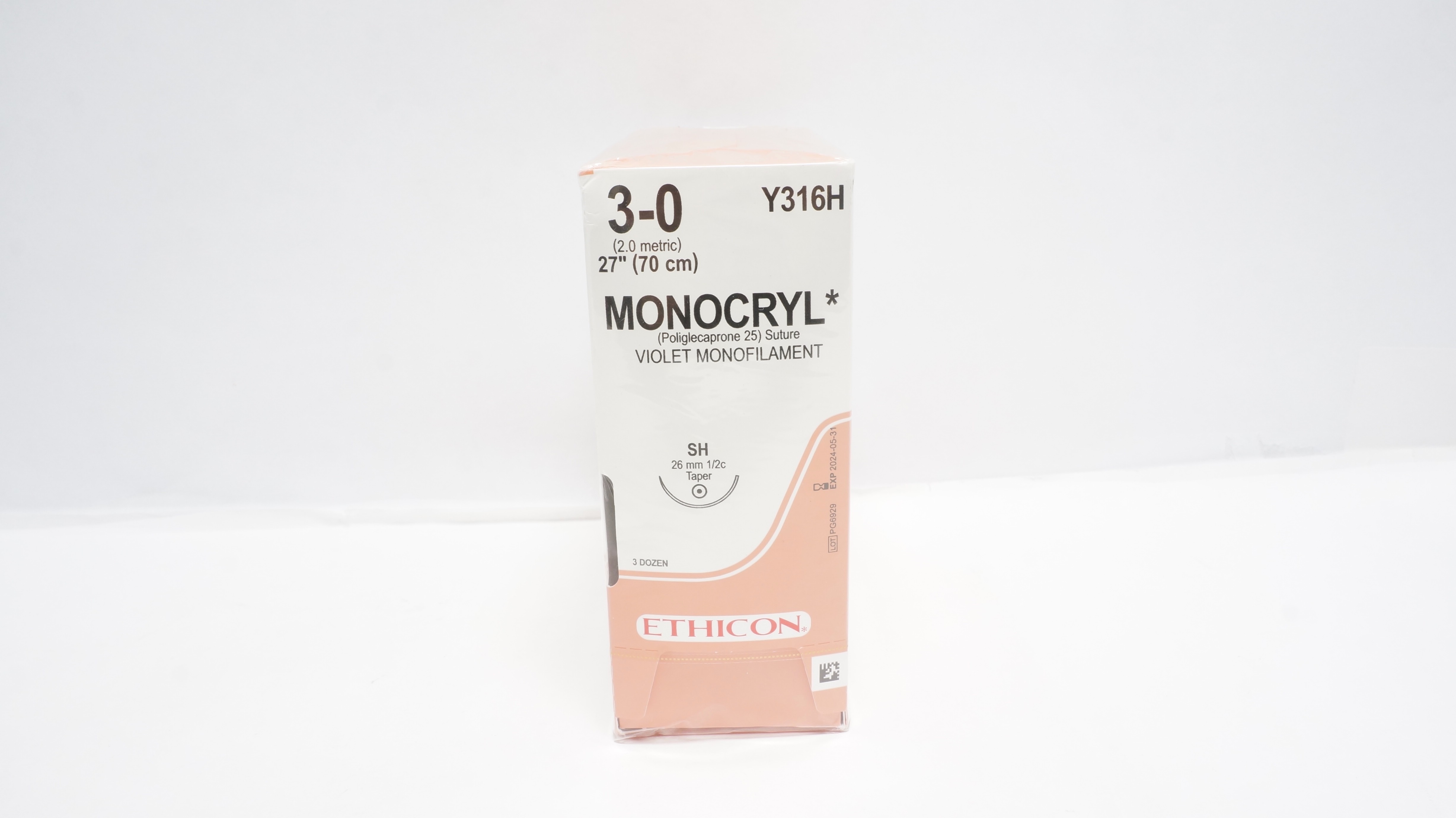 Ethicon Y316H 3-0 Monocryl Violet Monofilament Stre. SH 26mm 1/2C - Box of 36(x)
