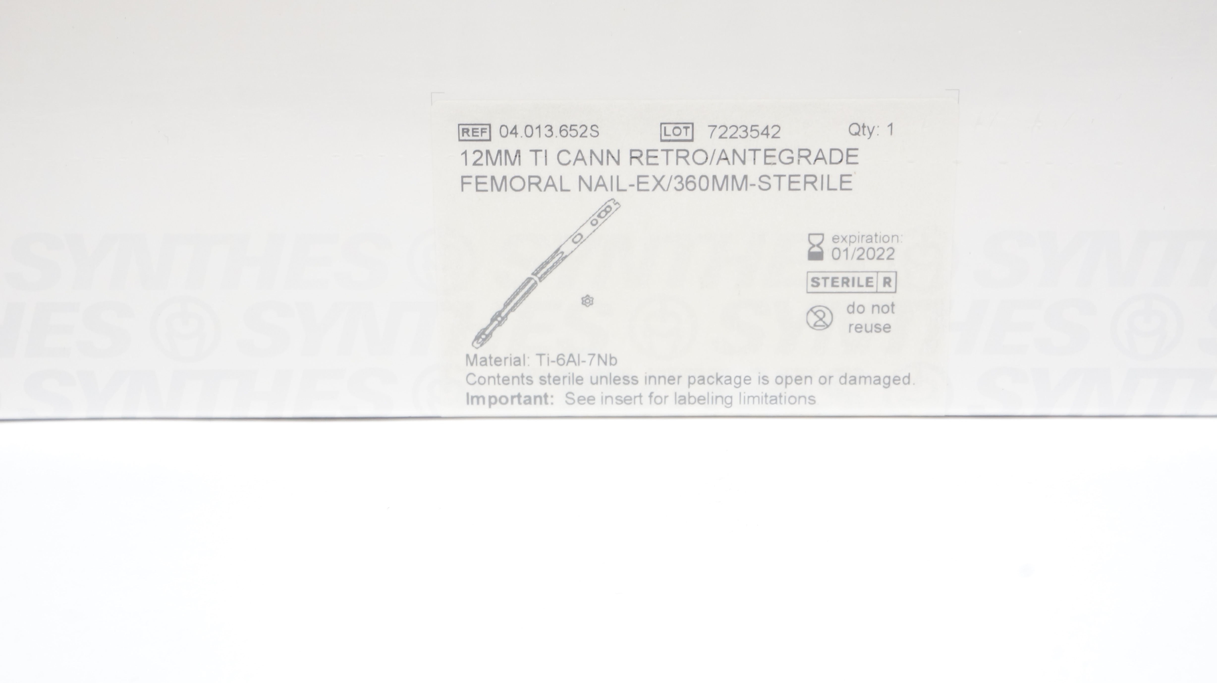 Synthes 04.013.652S 12mm TI CANN RETRO/ANTEGRADE FEMORAL NAIL-EX/360mm (x)