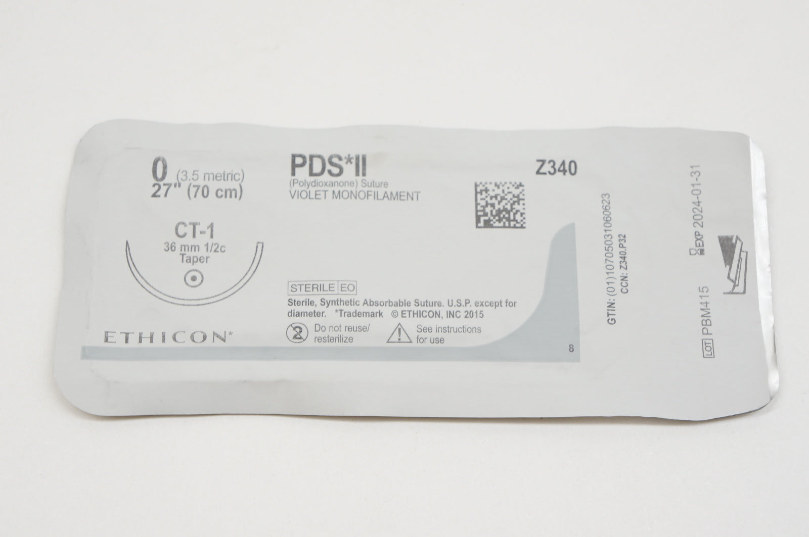 Ethicon Z340 0 PDS, CT-1, 36mm 1/2c Taper, 27inch