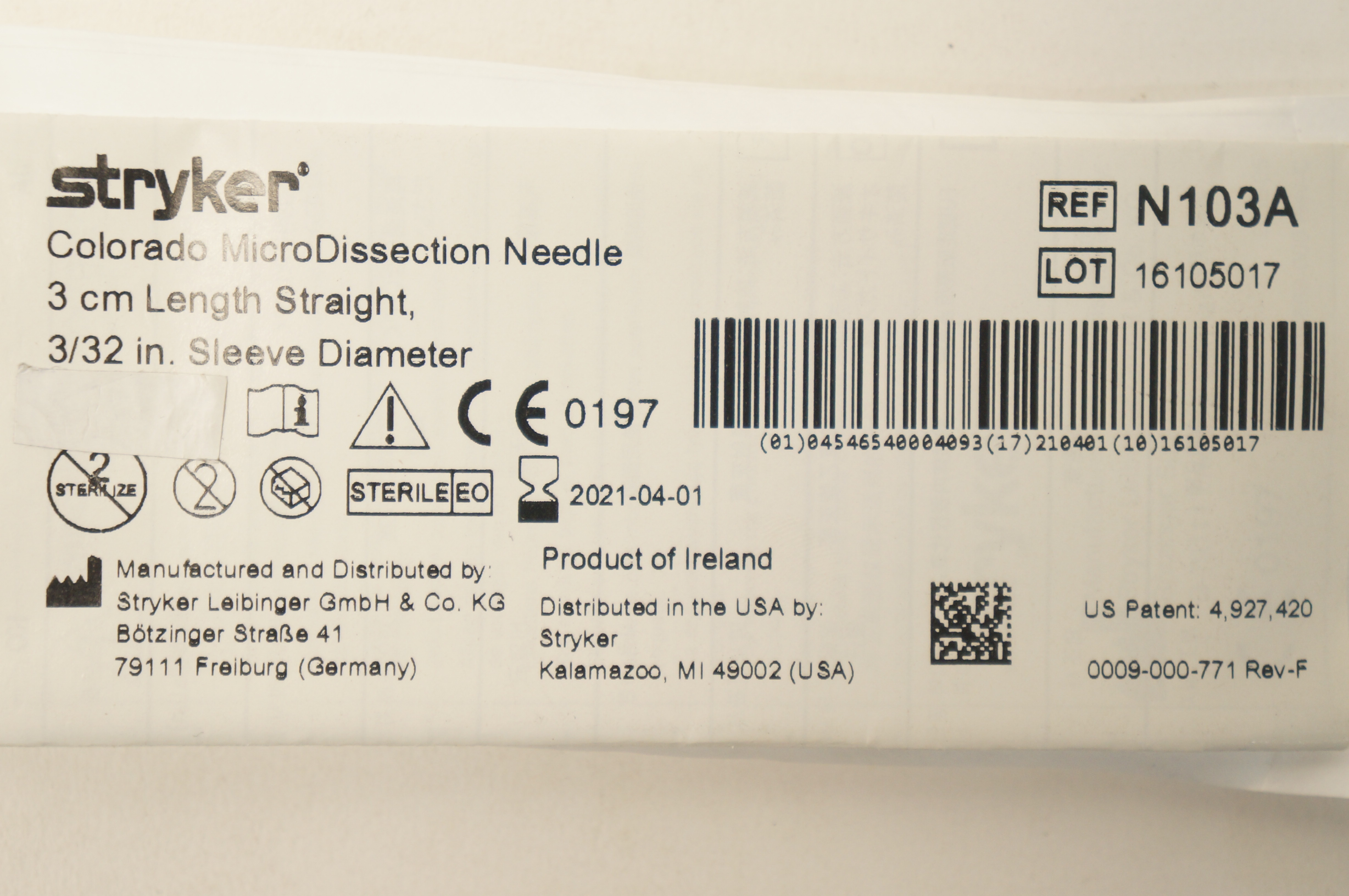 Stryker N103A Colorado MicroDissection Ndle 3cm x 3/32inch Sleeve Diameter (x)