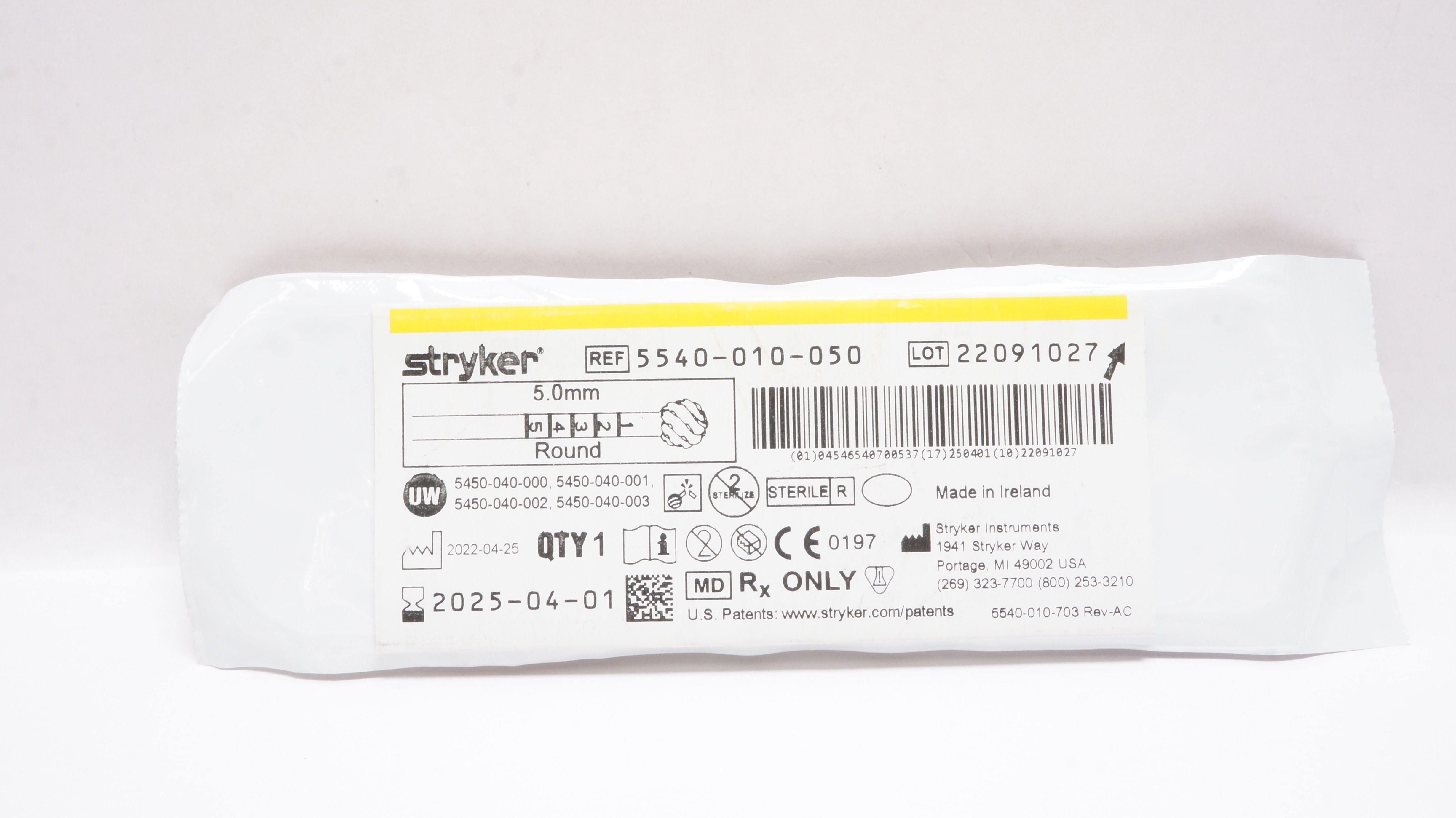 Stryker 5540-010-050 Round Fluted Bur 5.0mm