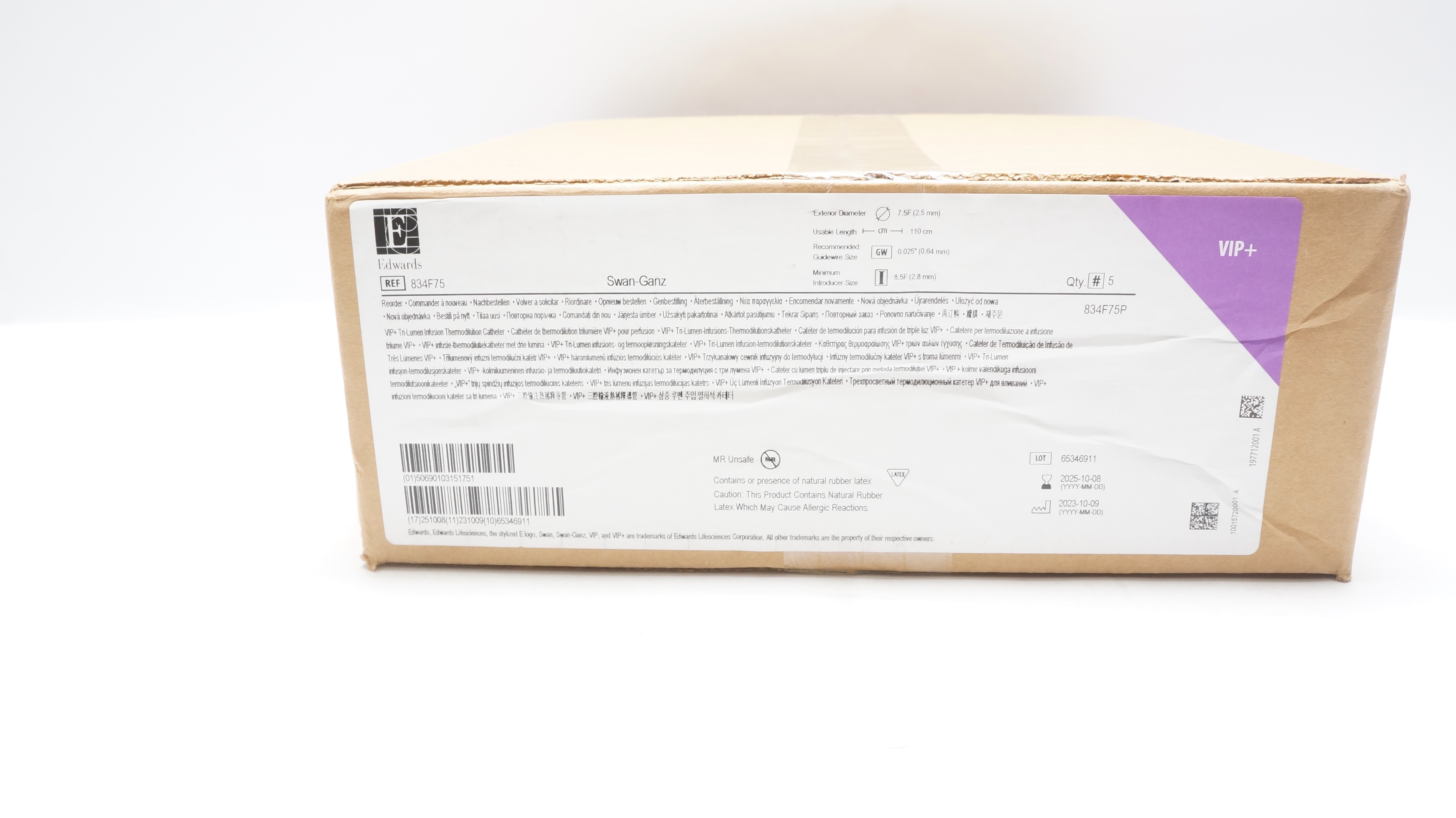 Edwards Lifesciences 834F75 Swan-Ganz Thermodilution Cath. 7.5F x 110cm-Box of 5