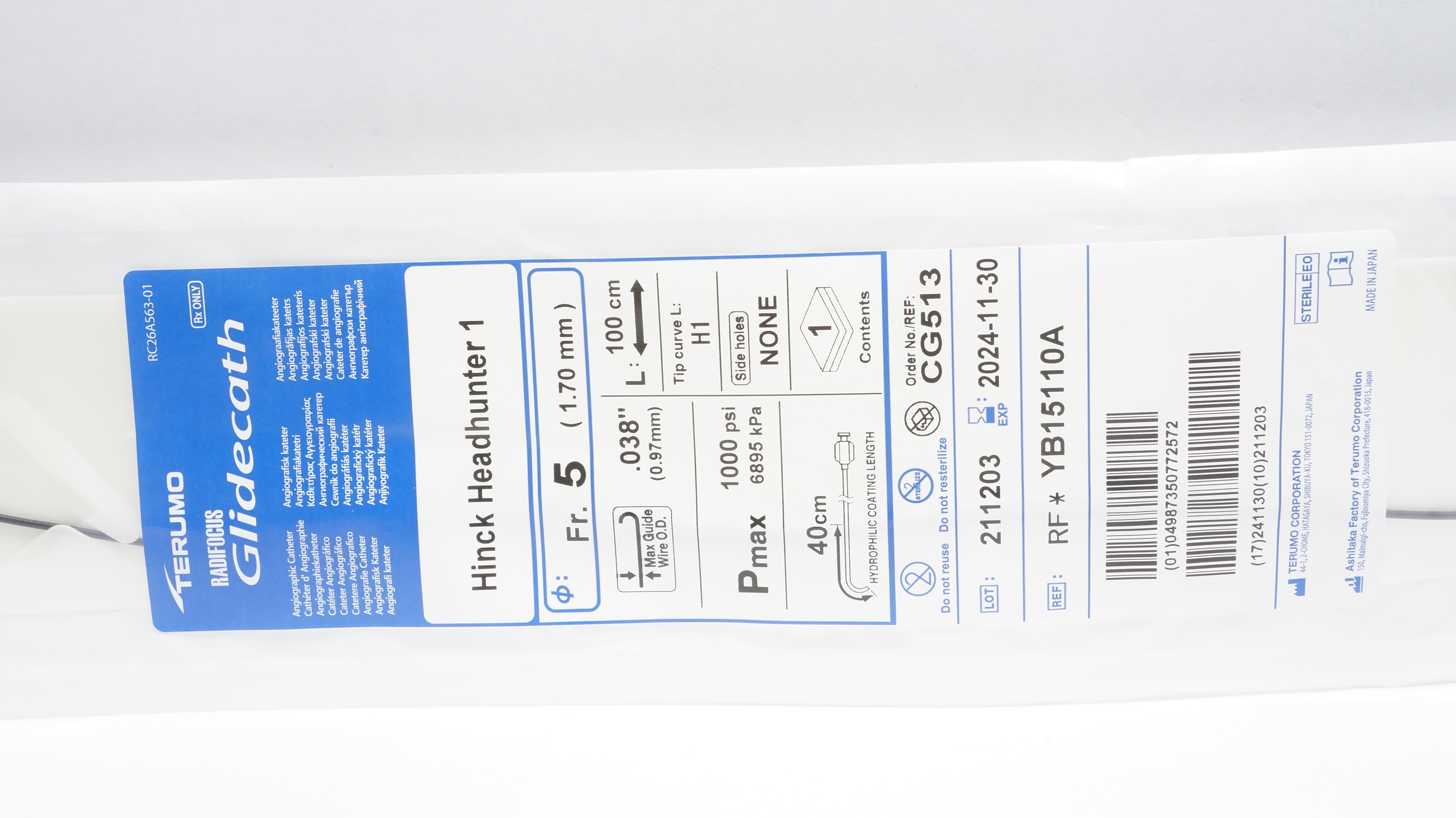 Terumo YB15110A Radifocus Glidecath Angiographic Cath. 5Fr x 100cm x 0.038inch
