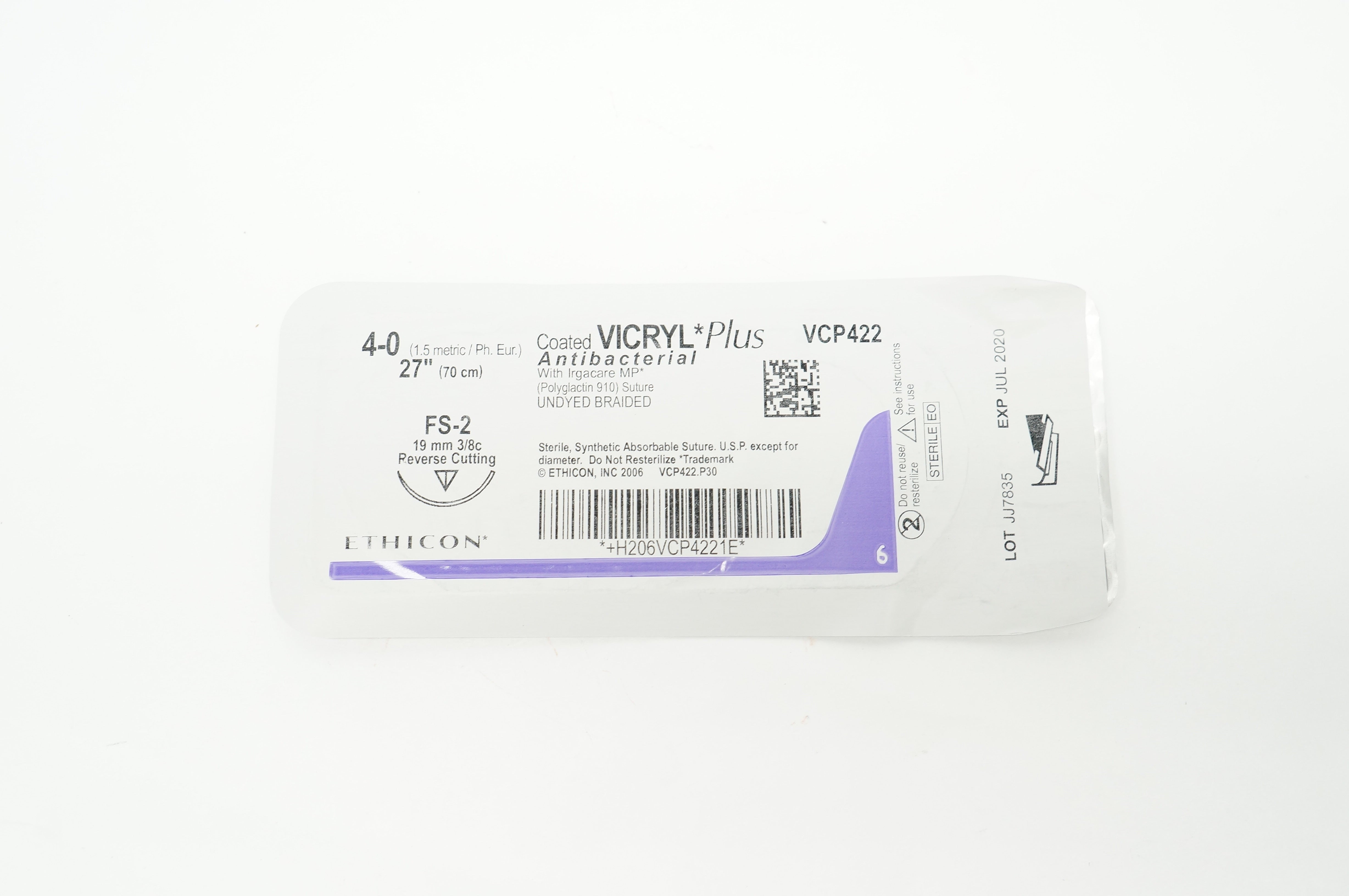 Ethicon VCP422 4-0 Coated Vicryl Plus Antibacterial FS-2 19mm 3/8c 27inch (x)