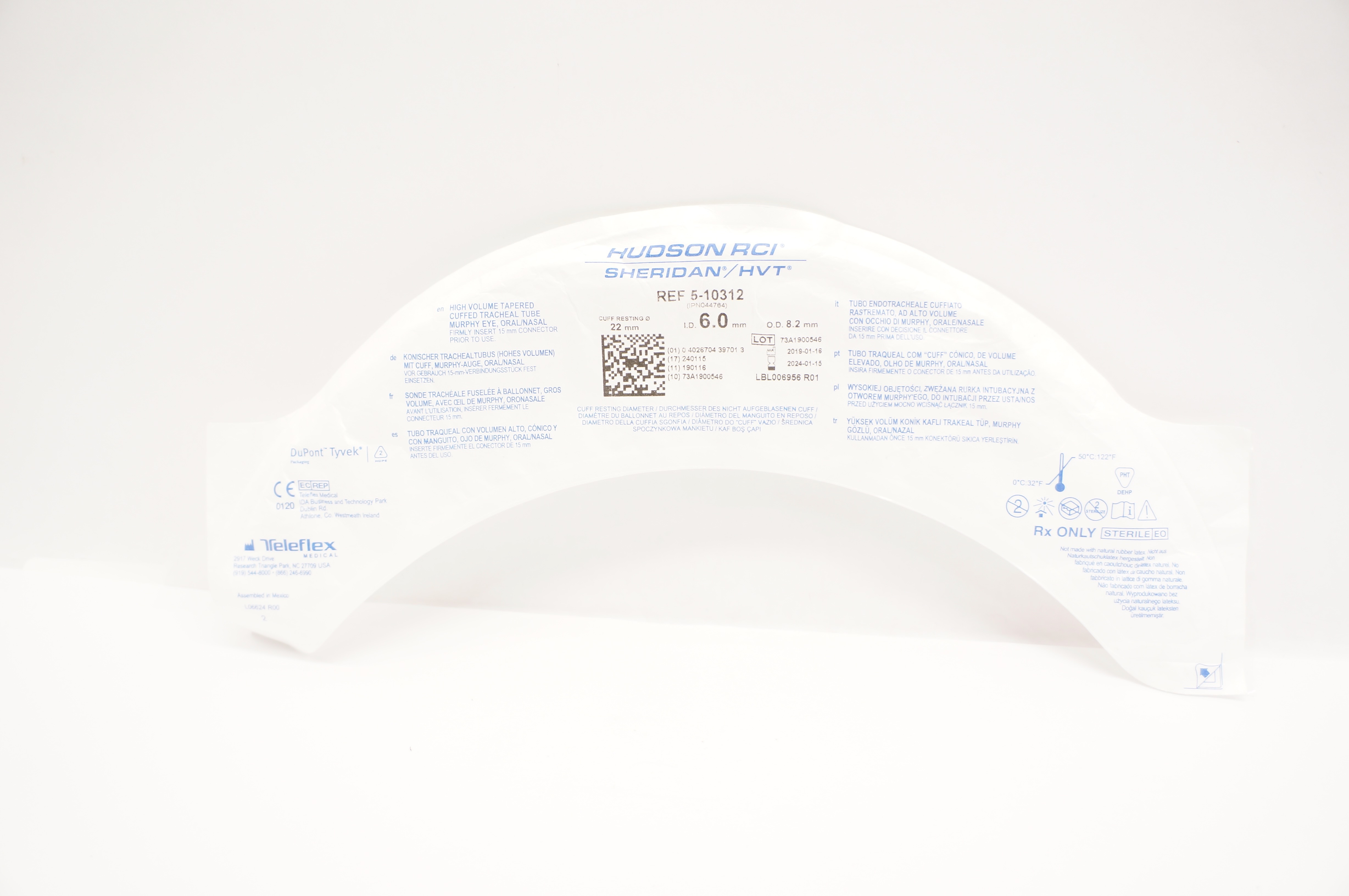 Teleflex 5-10312 Hudson RCI Sheridan Cuffed Tracheal Tube 6.0ID x 8.2OD x 22mm
