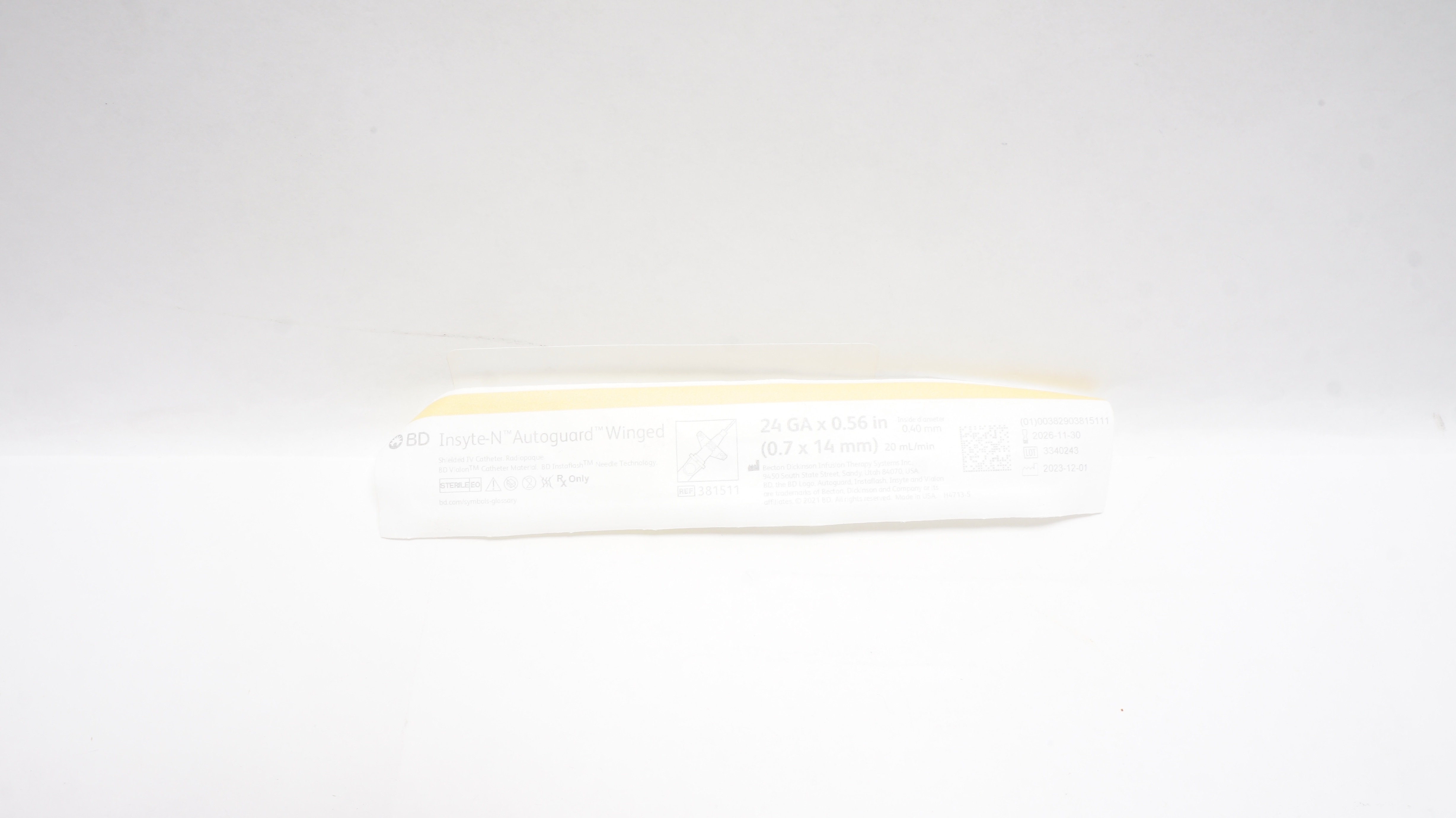 BD 381511 Insyte-N Autoguard Shielded I.V. Cath. Winged 24Ga x 0.56inch 20mL/min