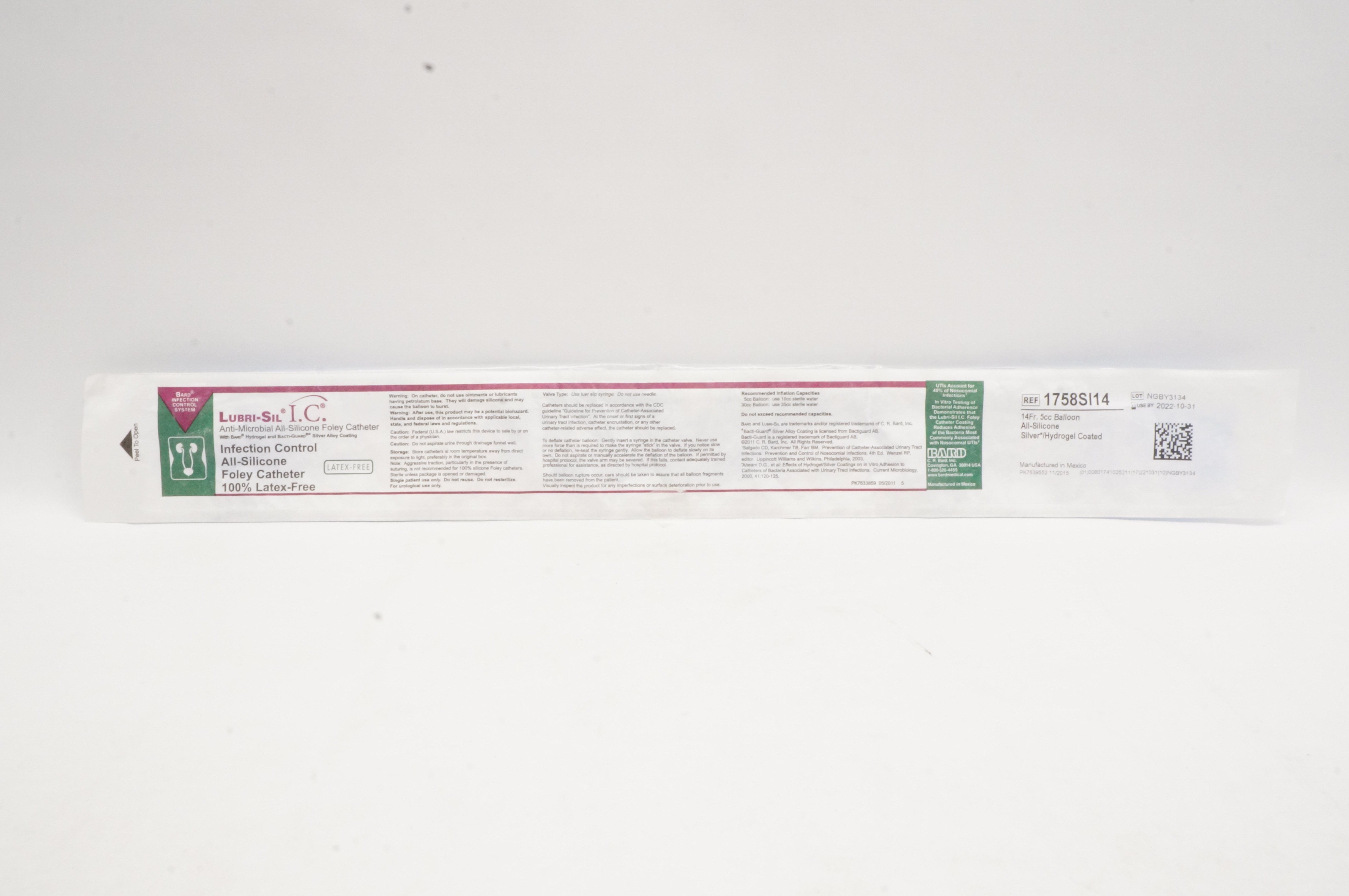 Bard 1758SI14 Lubri-Sil I.C. Anti-Microbial All-Silicone Foley Cath. 14Fr (x)
