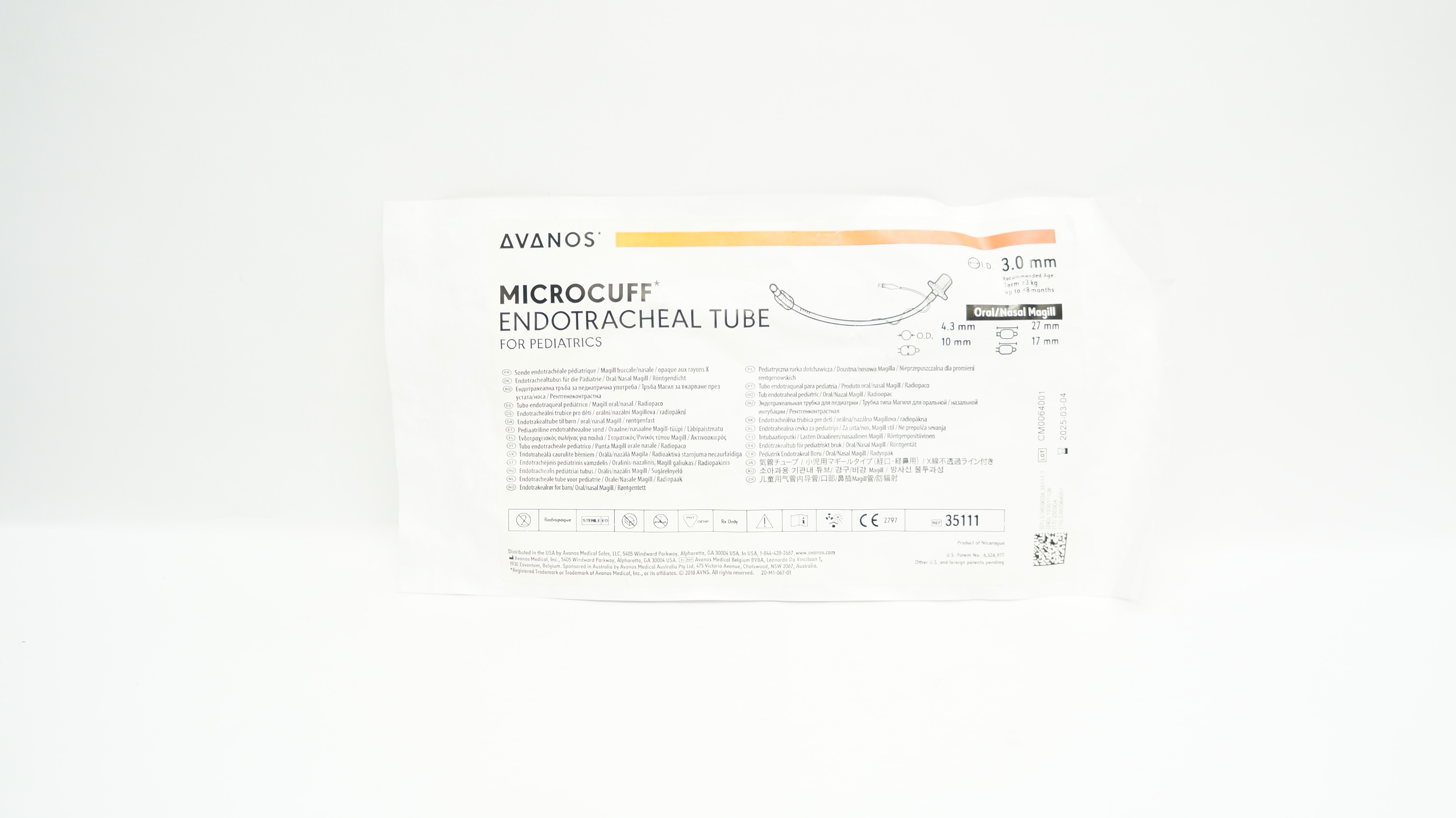 Avanos 35111 Microcuff Pediatric Endotracheal Tube 3.0mm