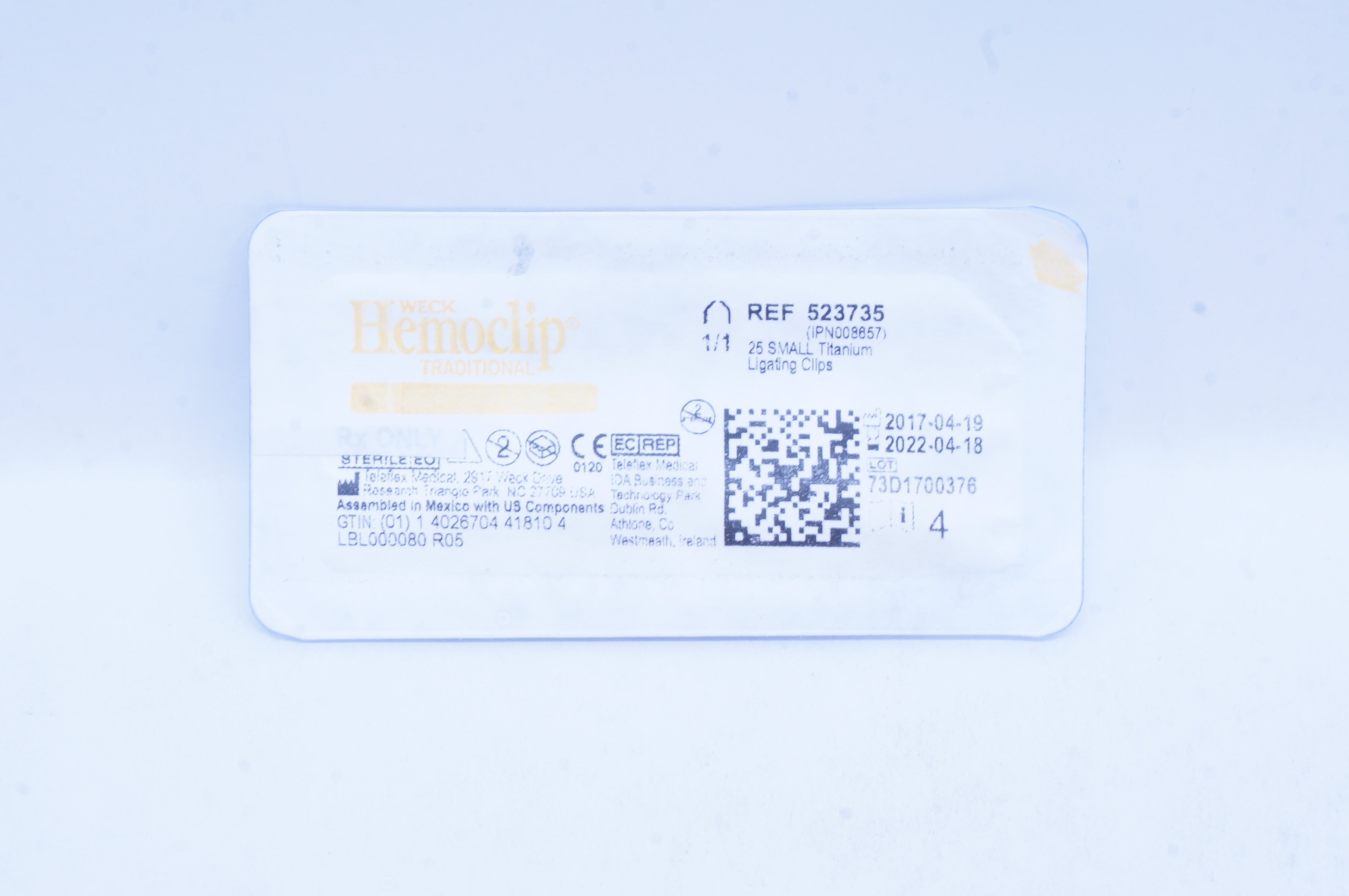Teleflex 523735 Weck Hemoclip Traditional 25 Small Titanium Ligating Clips (x)