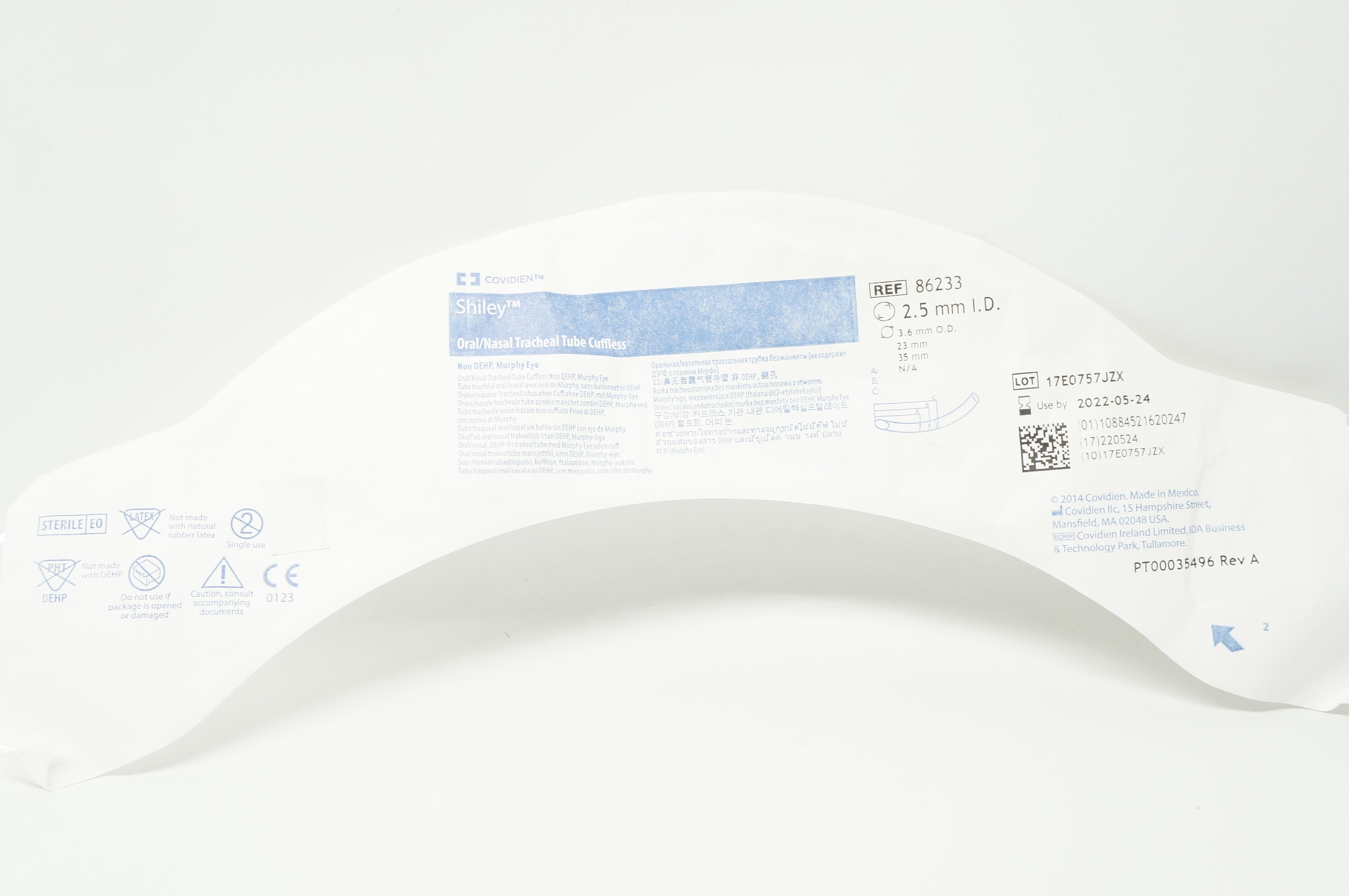 Covidien 86233 Shiley Oral/Nasal Tracheal Tube Cuffless 2.5mm I.D. x 3.6mm O.D.