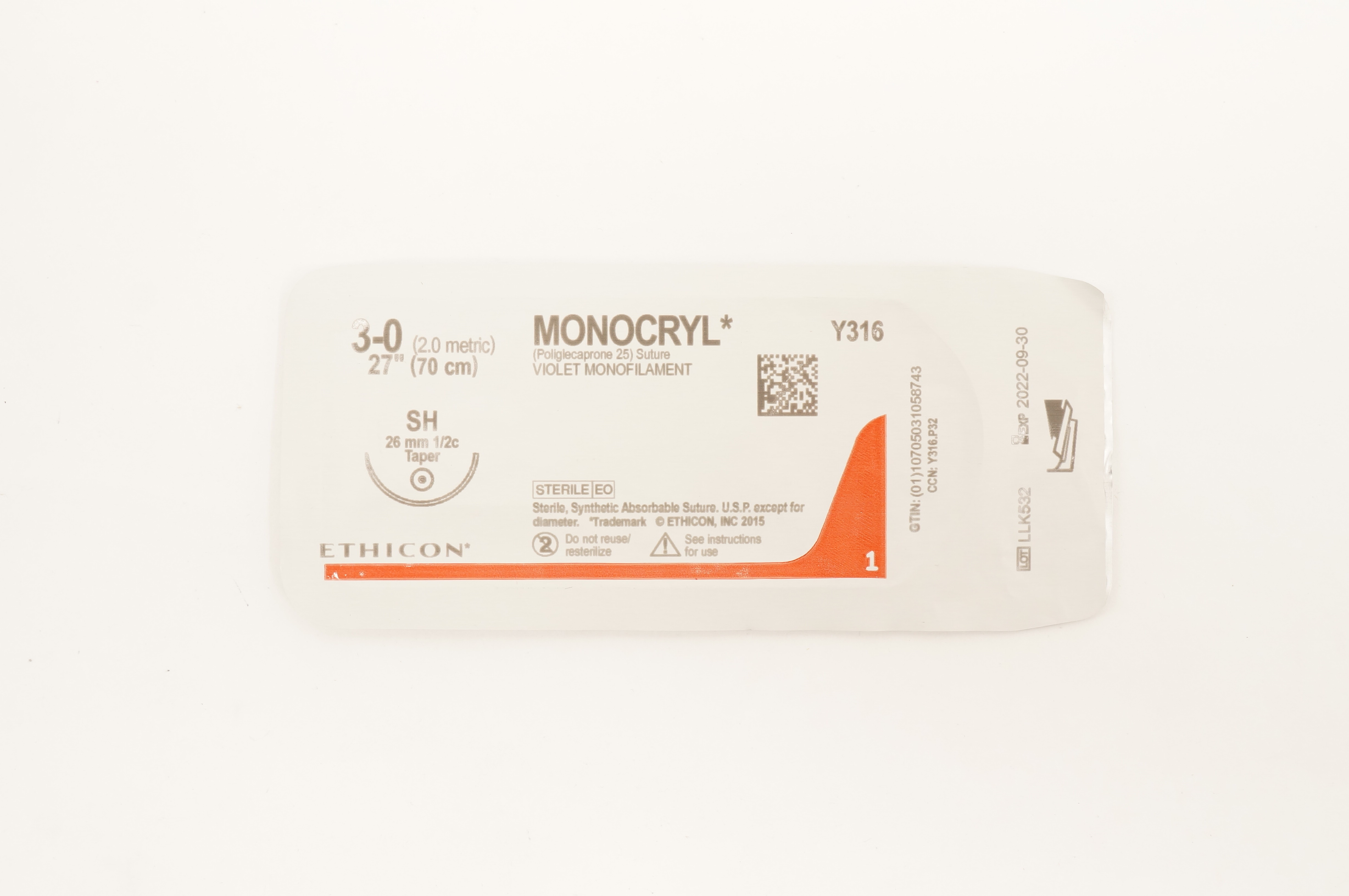 Ethicon Y316 3-0 MONOCRYL SH 26mm 1/2c Taper 27inch