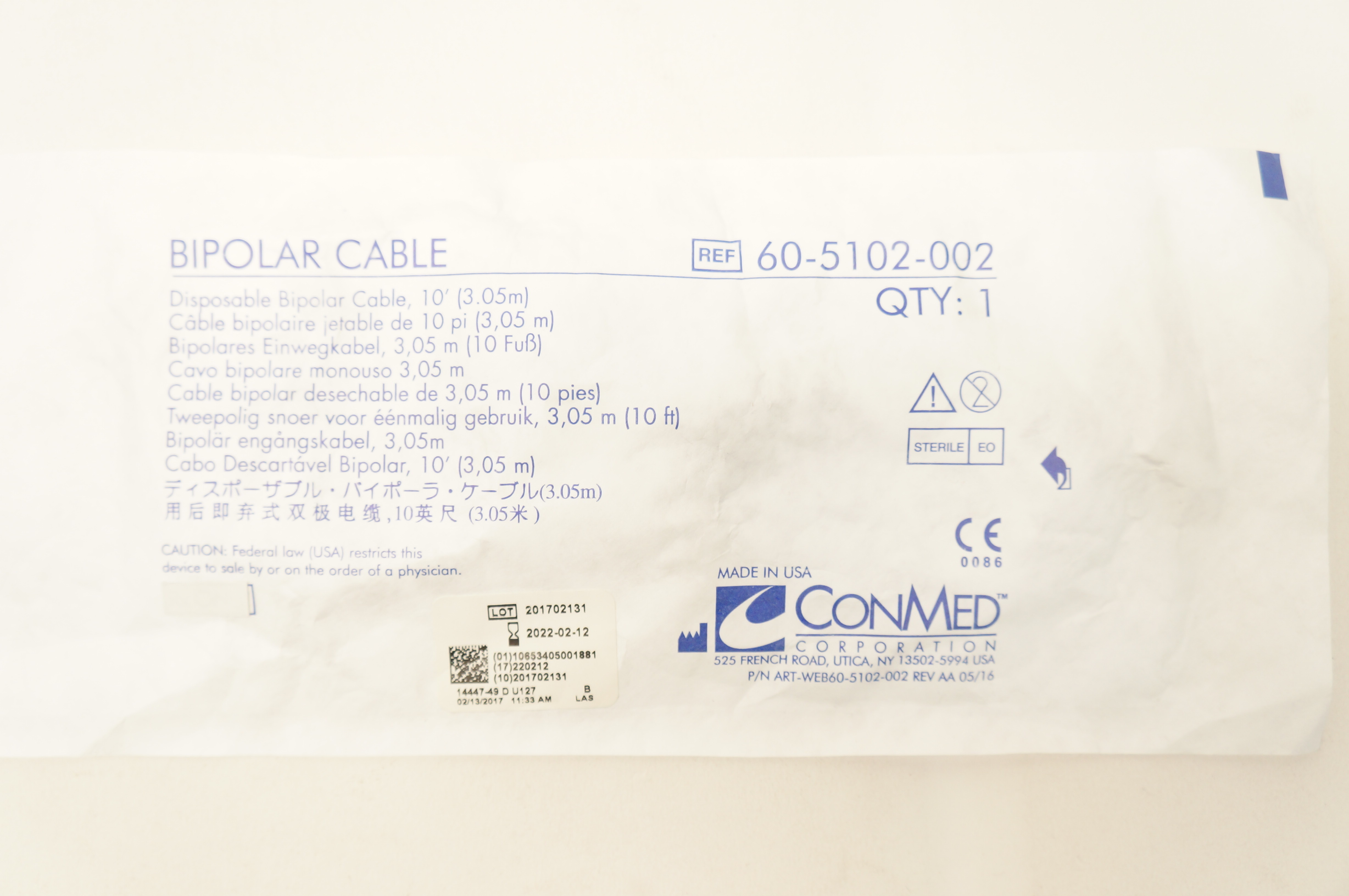 ConMed 60-5102-002 Disposable Bipolar Cable 10 Fr.