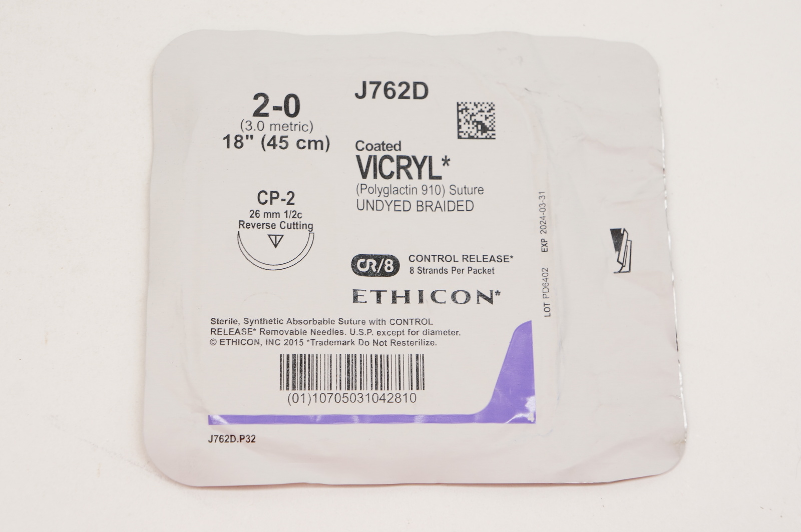 Ethicon J762D 2-0 VICRYL, CP-2, 26mm 1/2c Reverse Cutting, 18inch