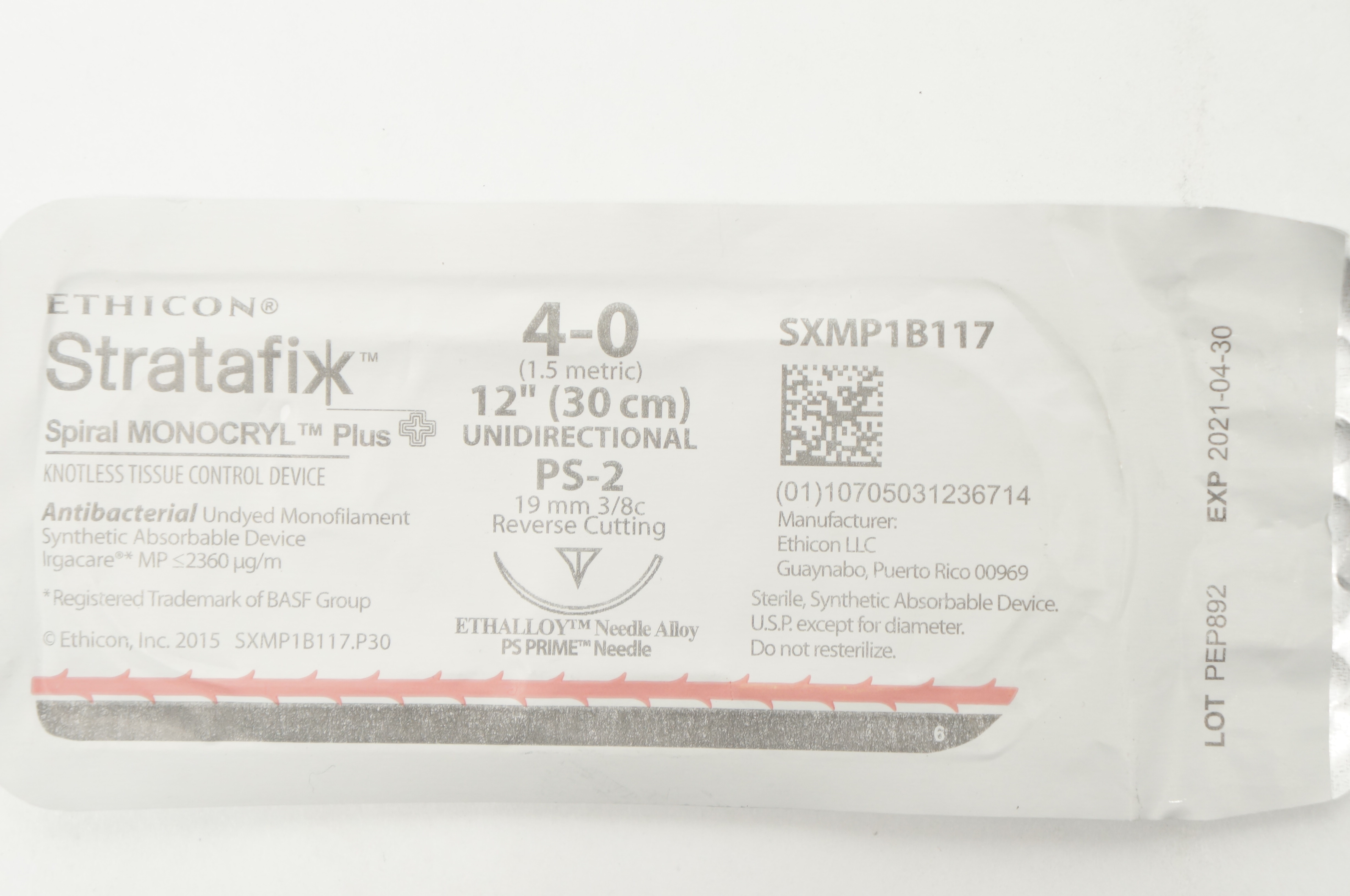 Ethicon SXMP1B117 4-0 Stratafix Spiral Monocryl Plus PS-2 19mm 3/8c 12inch (x)