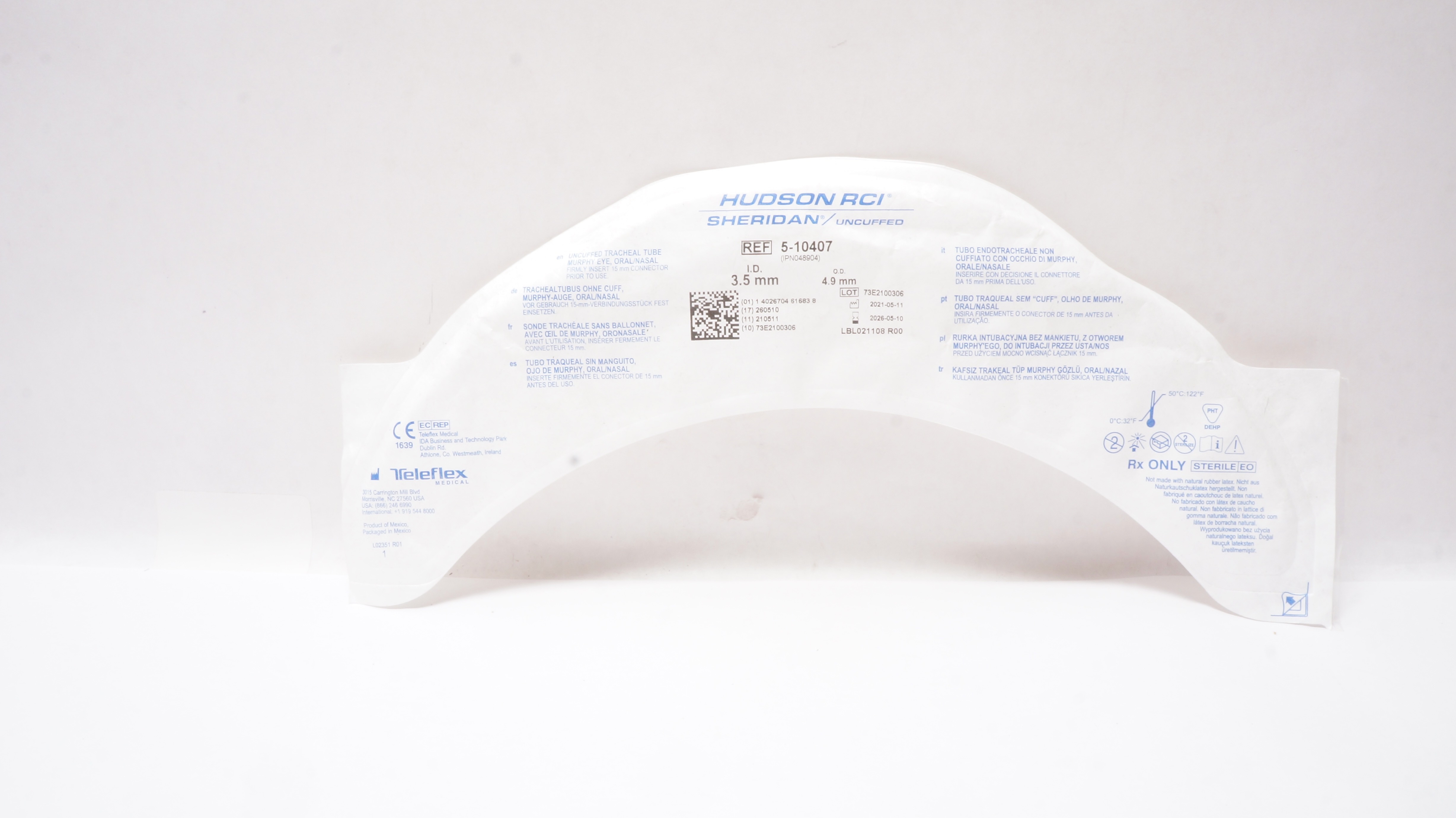 Teleflex 5-10407 Hudson RCI Sheridan Tracheal Tube Uncuffed 3.5mm ID x 4.9mm OD