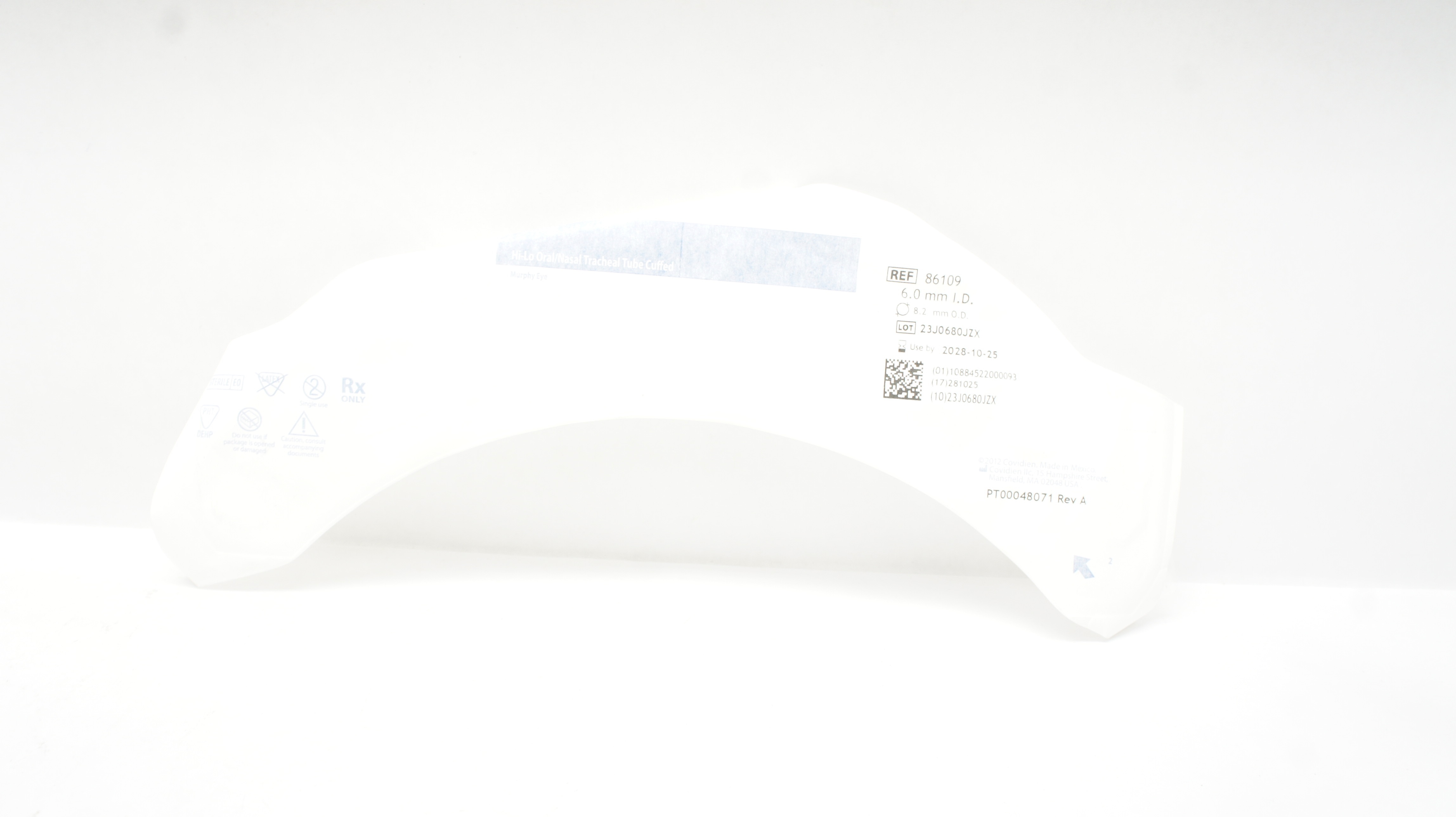 Covidien 86109 Shiley Hi-Lo Oral/Nasal Tracheal Tube Cuffed 6mm I.D. x 8.2mm O.D