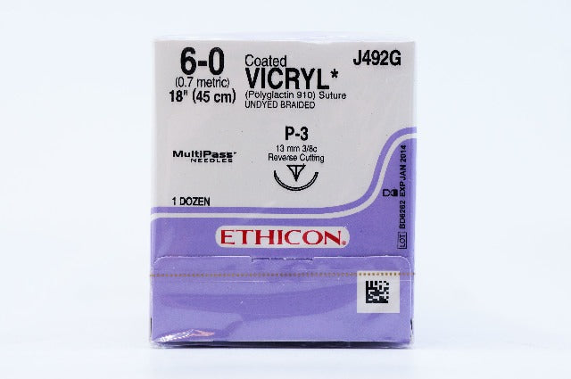Ethicon J492G 6-0 VICRYL, P-3, 13mm 3/8c Reverse Cutting, 18inch ~Pack of 12 (x)