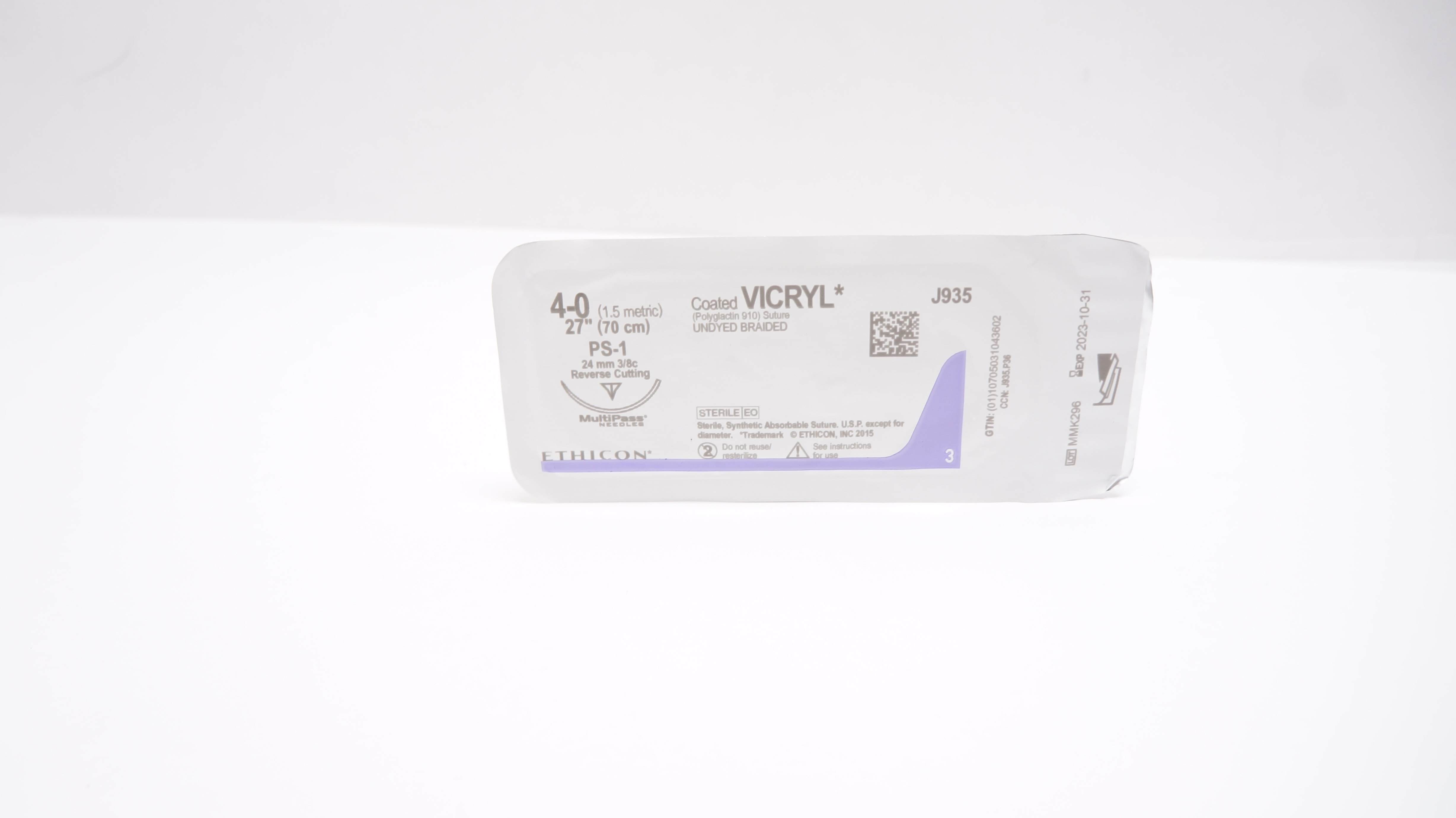 Ethicon J935 4-0 Coated VICRYL, PS-1, 24mm 3/8c Reverse Cutting, 27inch (x)