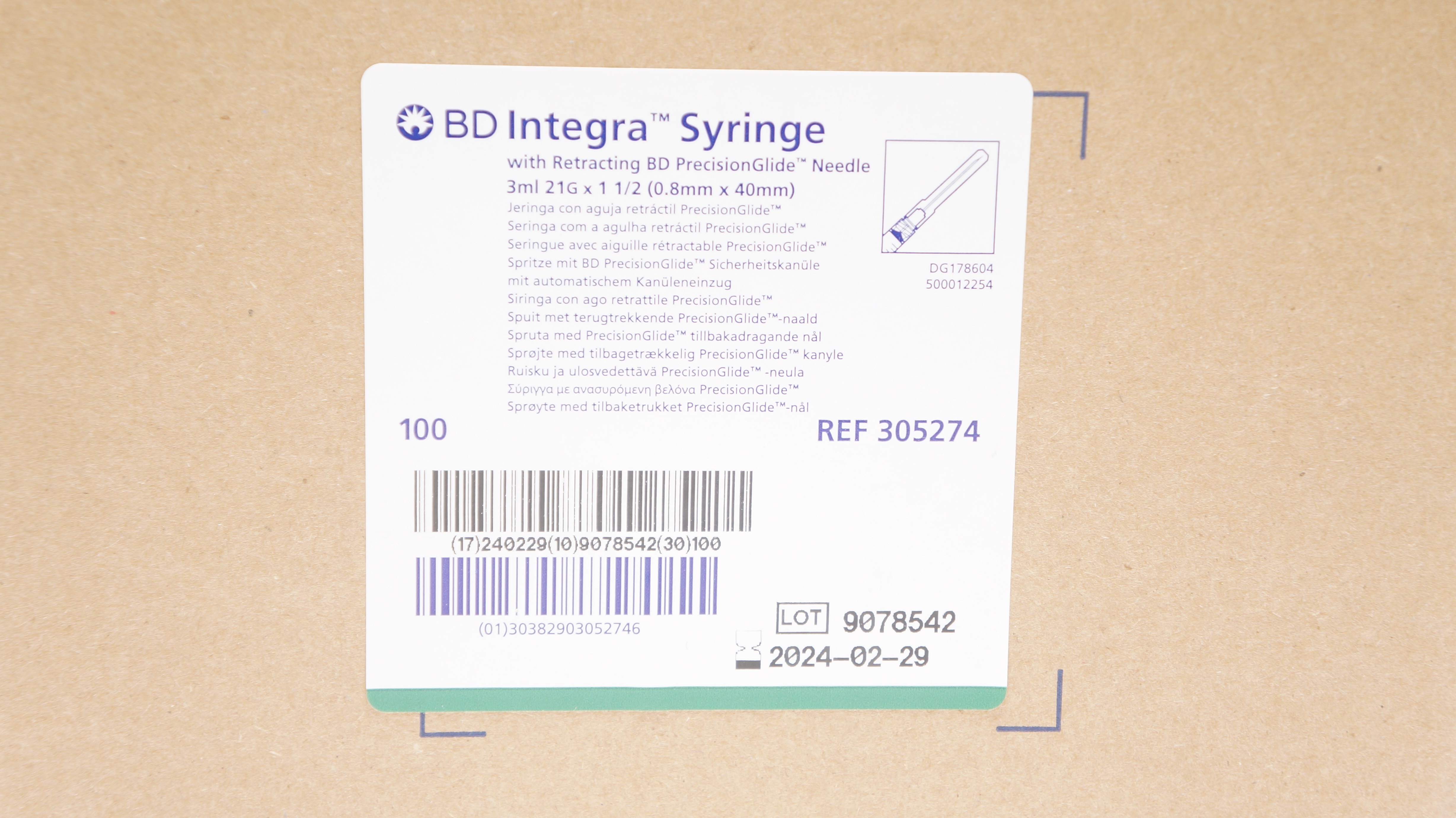 BD 305274 Integra Syringe with Retracting Ndle 3ml 21G x 1 1/2 - Box of 100