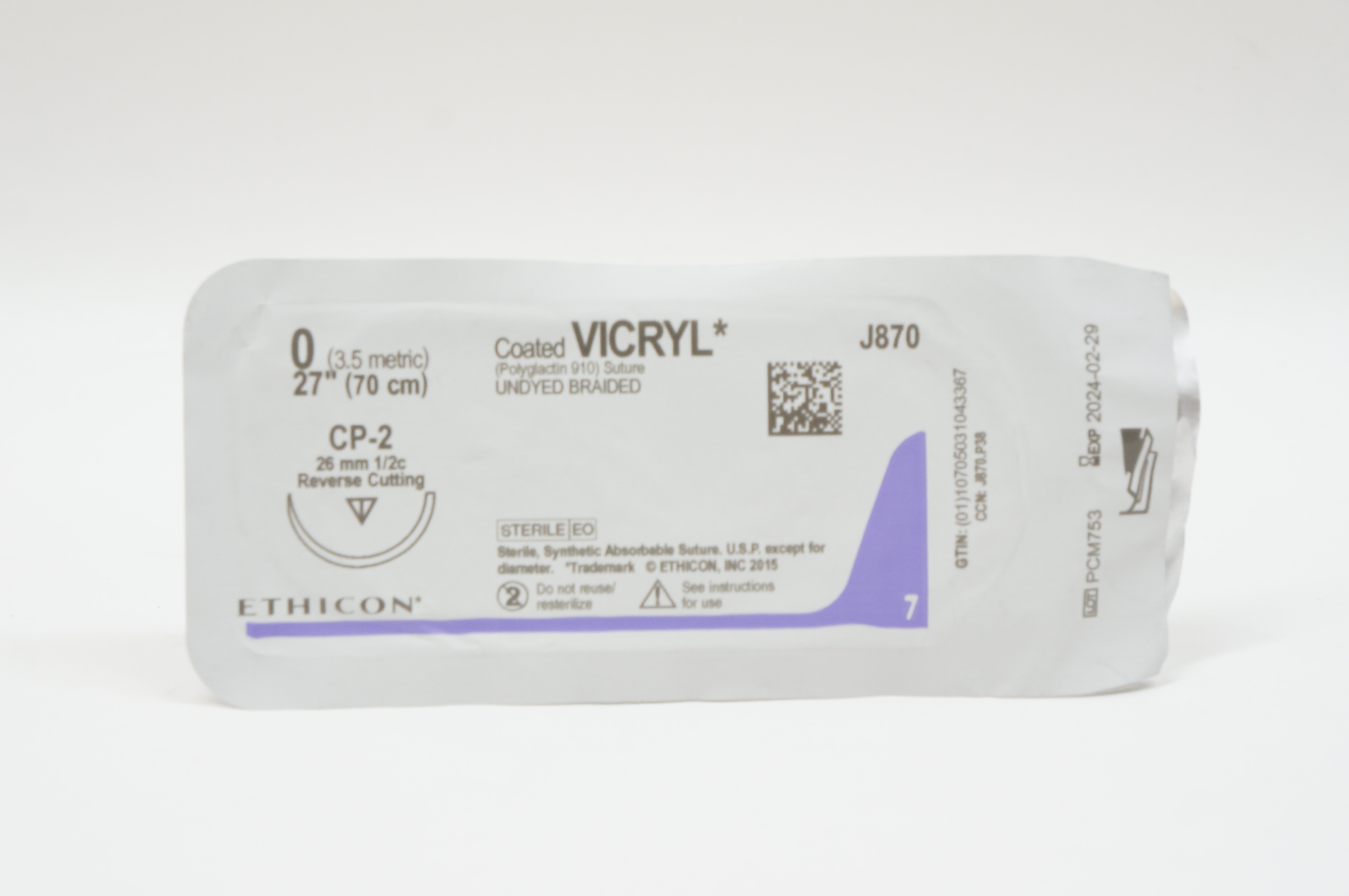Ethicon J870 0 VICRYL, CP-2, 26mm 1/2c Reverse Cutting, 27inch