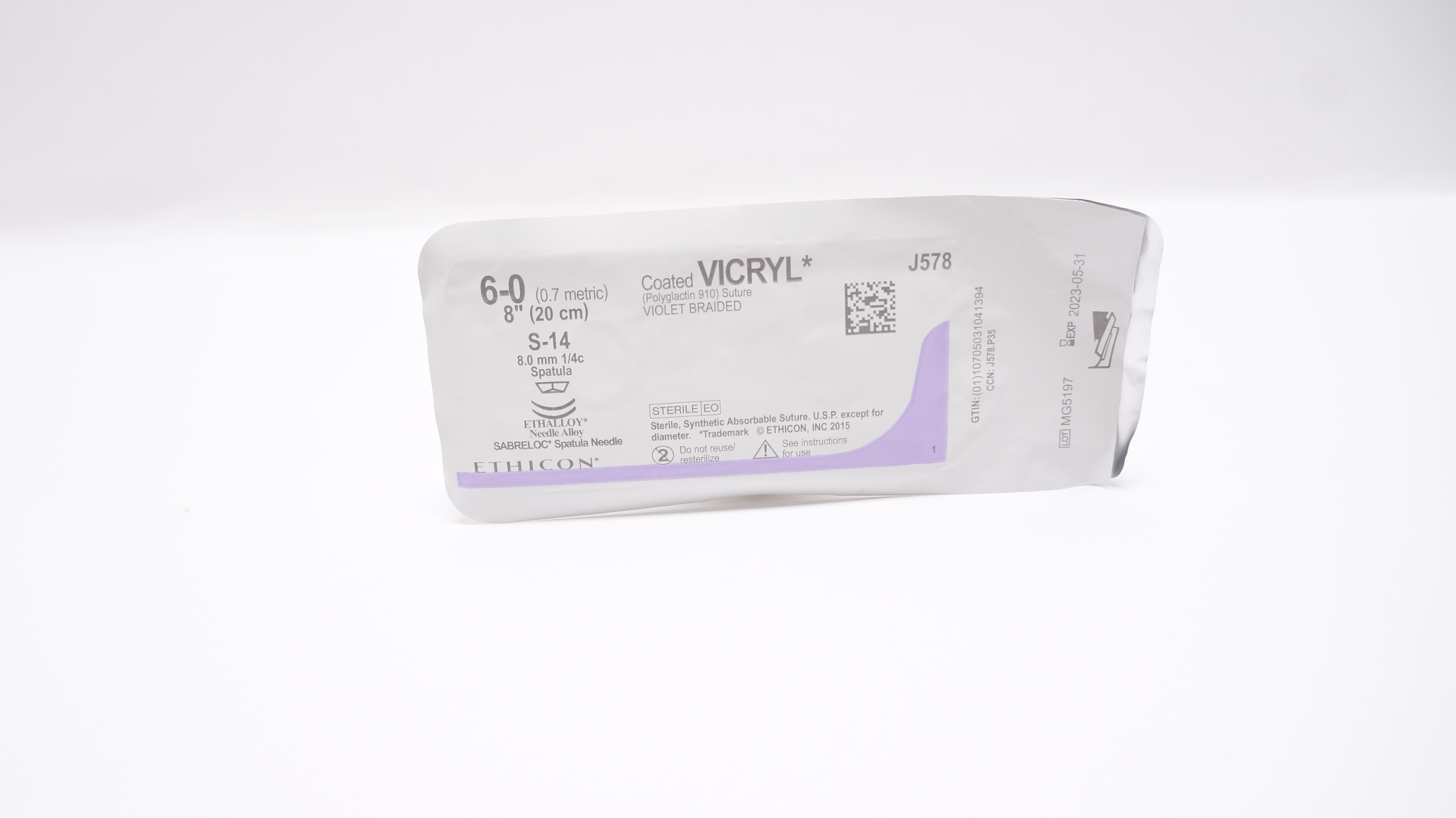 Ethicon J578 6-0 VICRYL, S-14, 8mm 1/4c Spatula, 8inch (x)