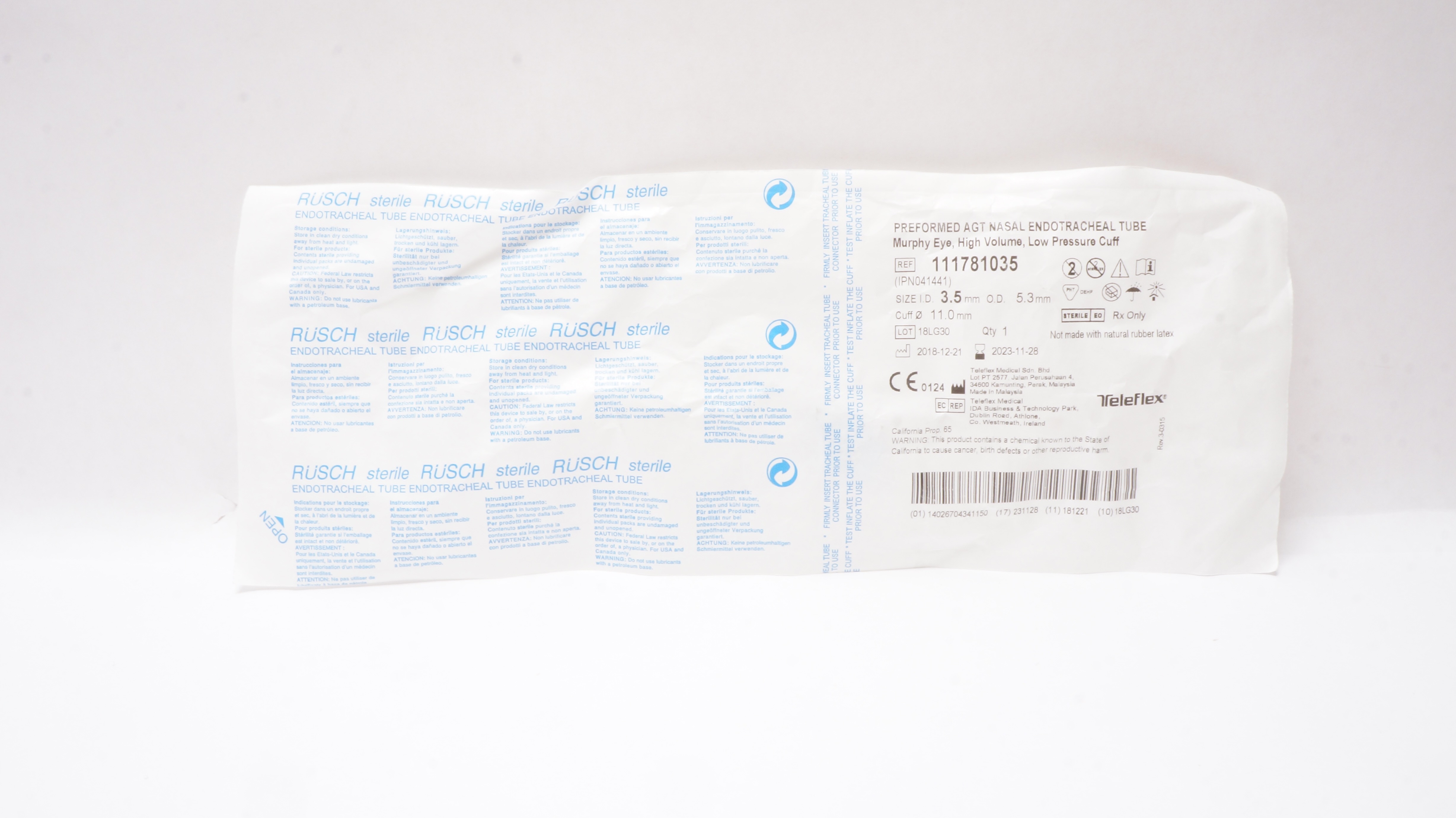 Teleflex 111781035 Preformed Agt Nasal Endotracheal Tube 3.5ID x 5.3OD x 11.0mm