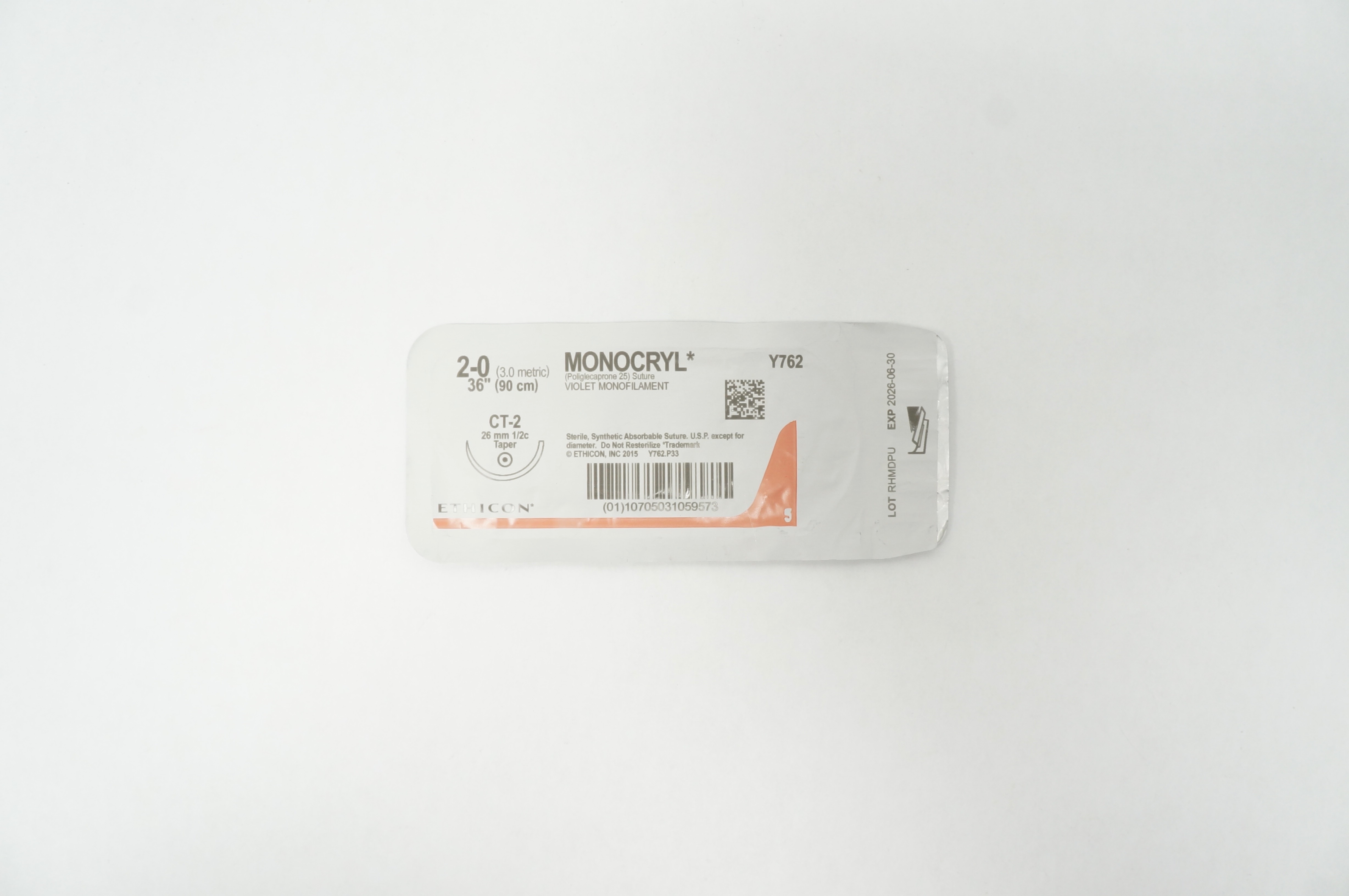 Ethicon Y762 2-0 Monocryl Stre Violet Monofilament CT-2 26mm 1/2c Taper, 36inch