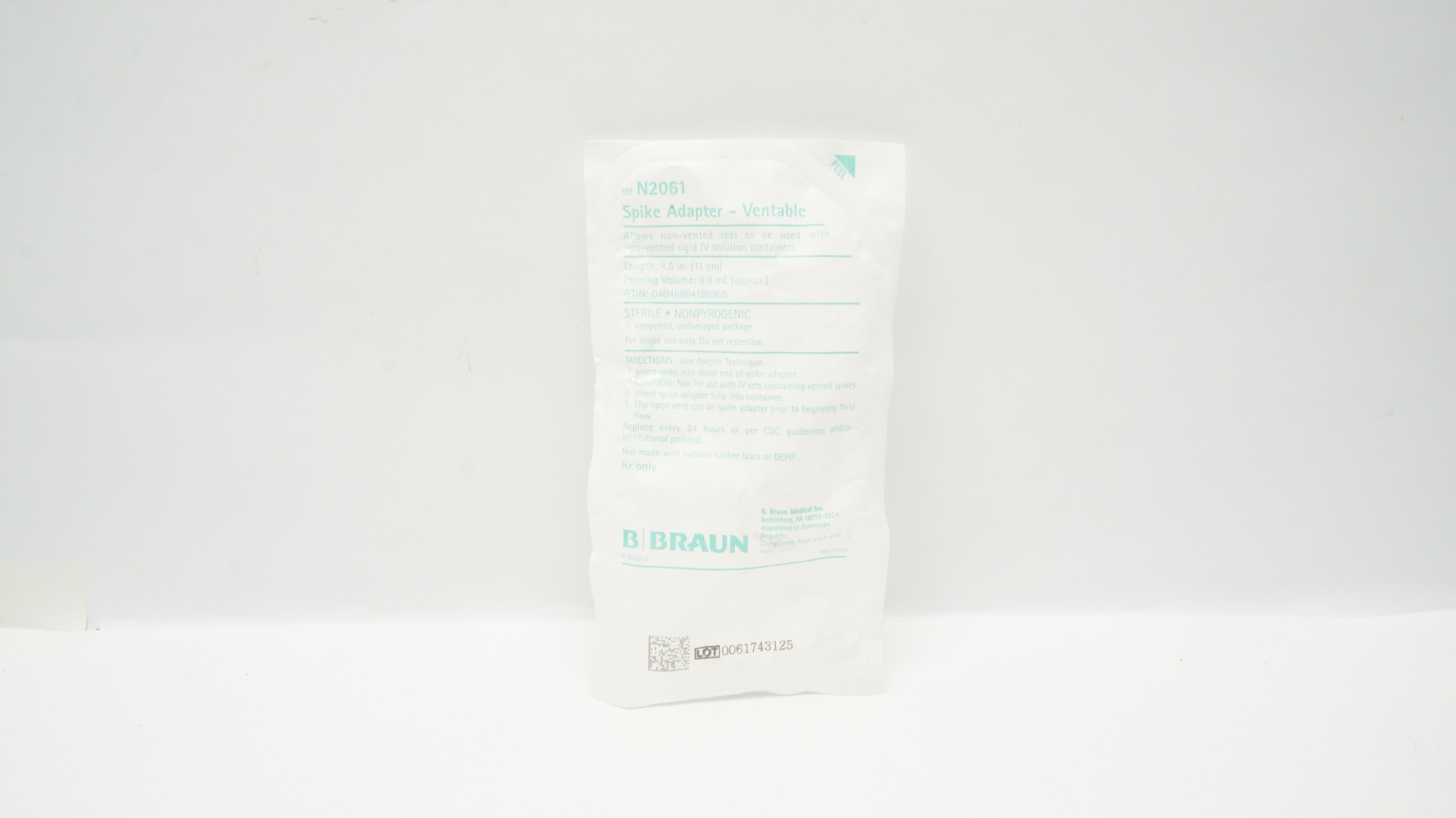Braun N2061 Spike Adapter Ventable 4.5inch x 0.9mL
