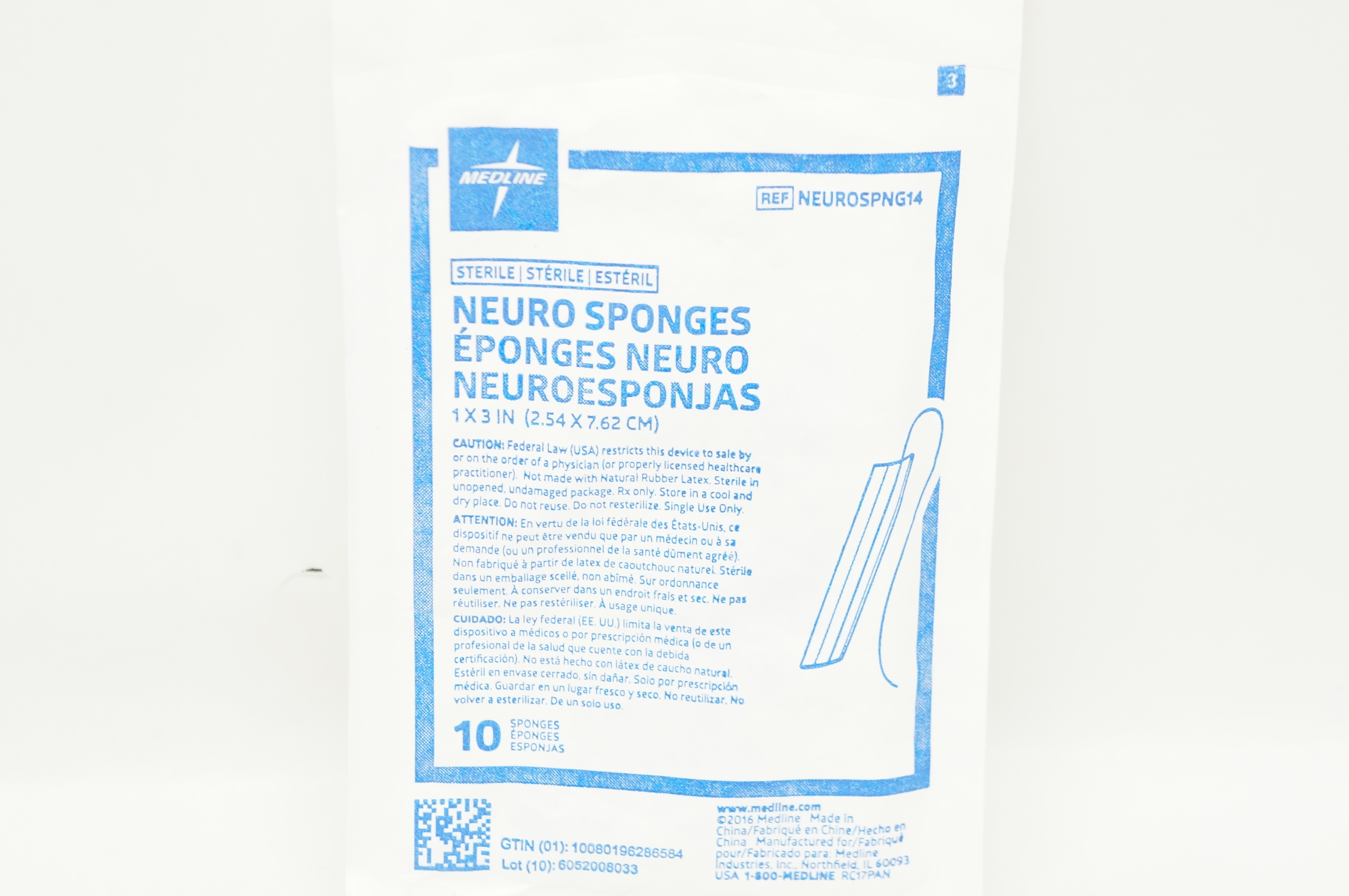 Medline NEUROSPNG14 Neuro Sponges 1inch x 3inch - Pack of 10