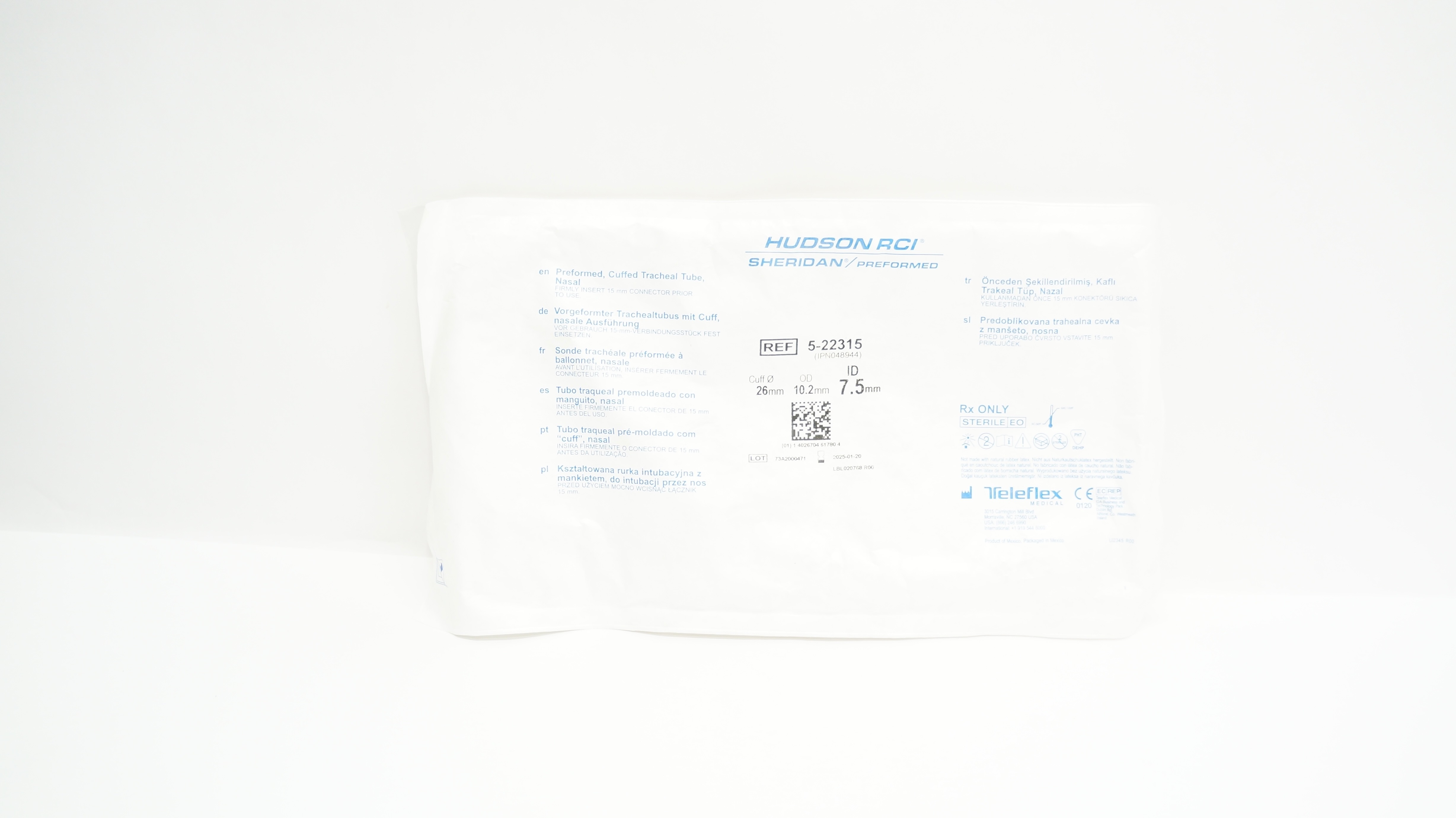 Teleflex 5-22315 Hudson RCI Preformed Cuffed Tracheal Tube 26 x 7.5ID x 10.2mmOD