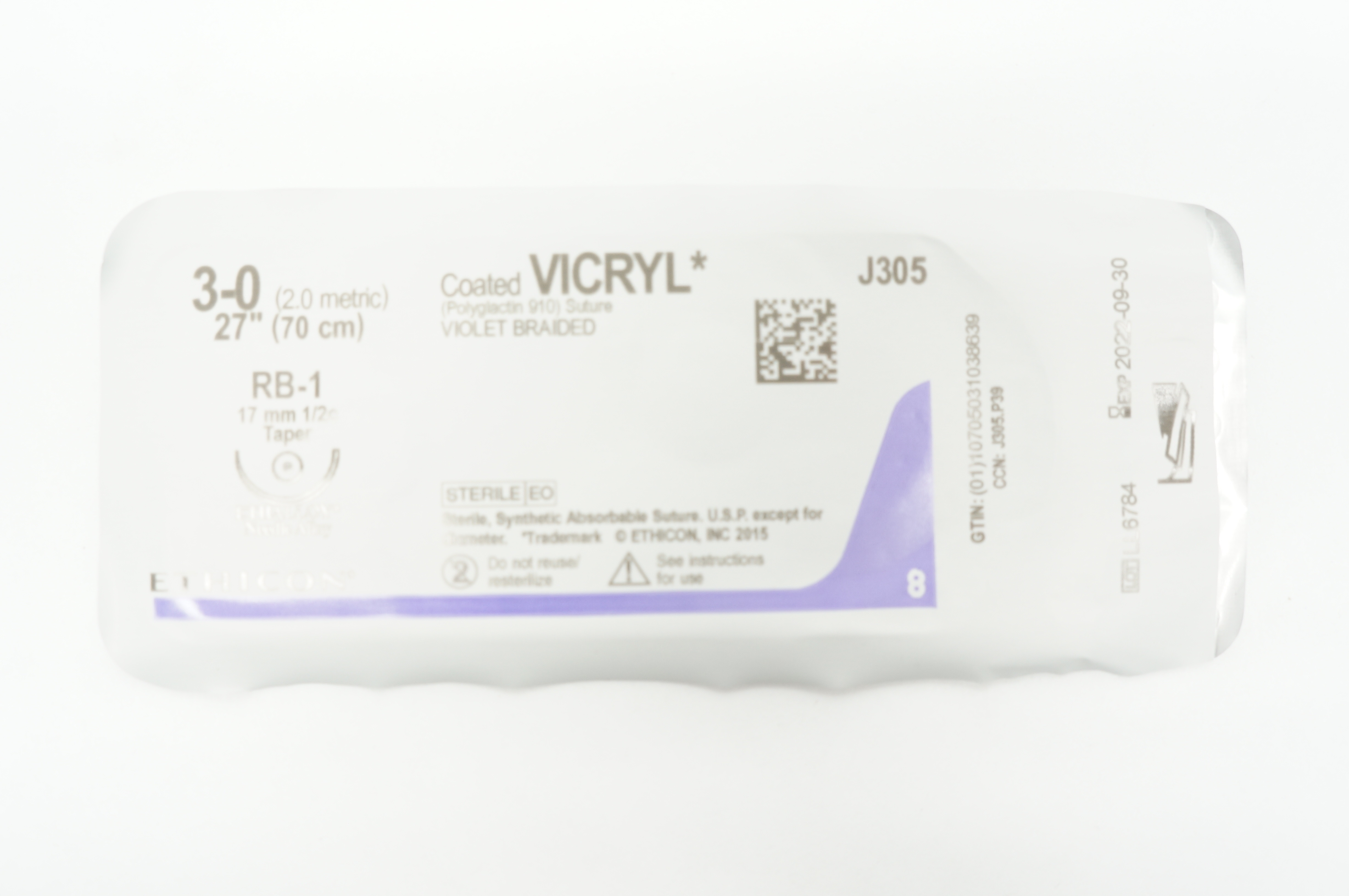 Ethicon J305 3-0 VICRYL, RB-1, 17mm 1/2c Taper, 27inch