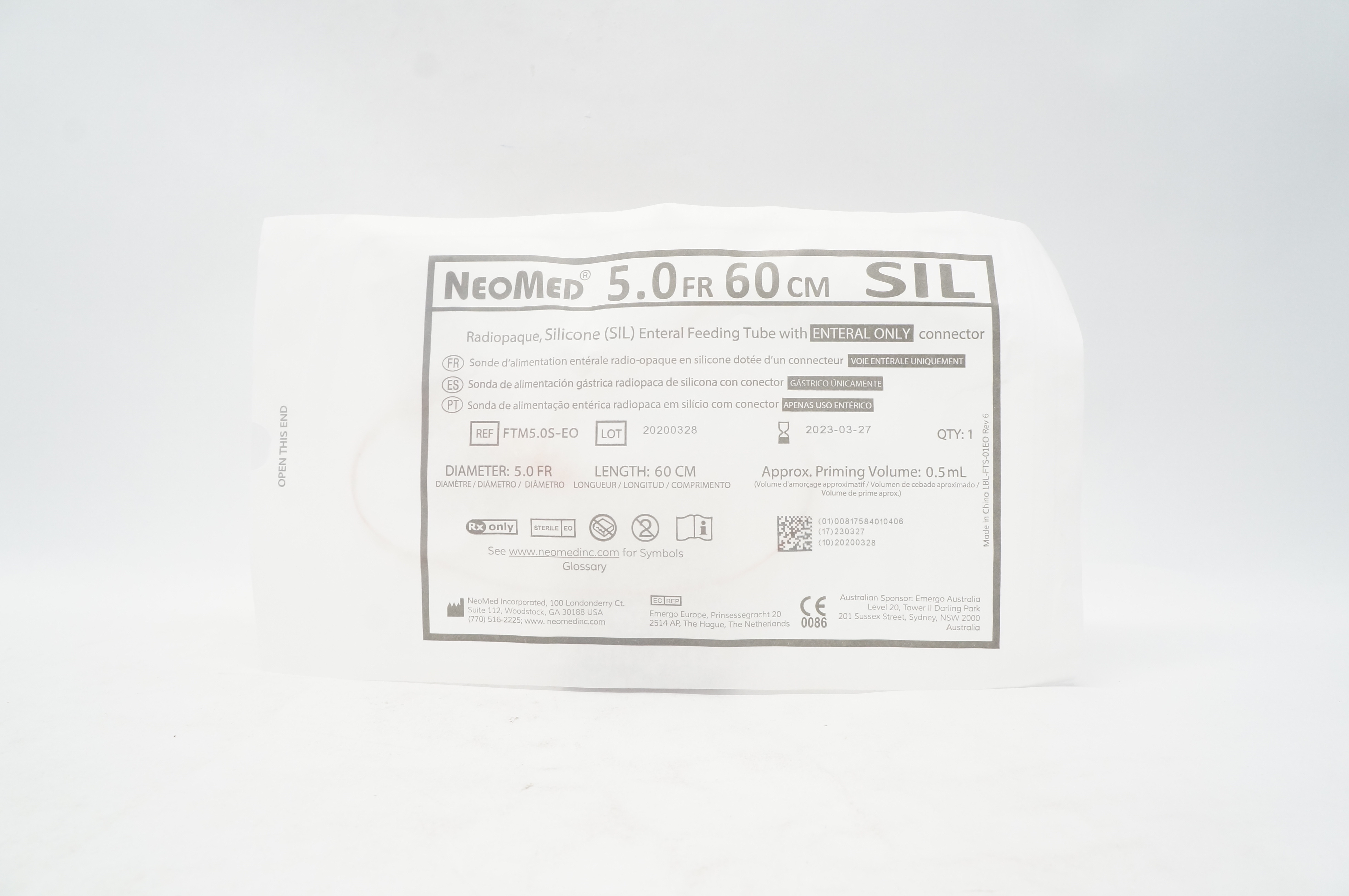 NeoMed FTM5.0S-EO Radiopaque, Silicone Enteral Feeding Tube 5.0Fr. x 60cm, 0.5mL