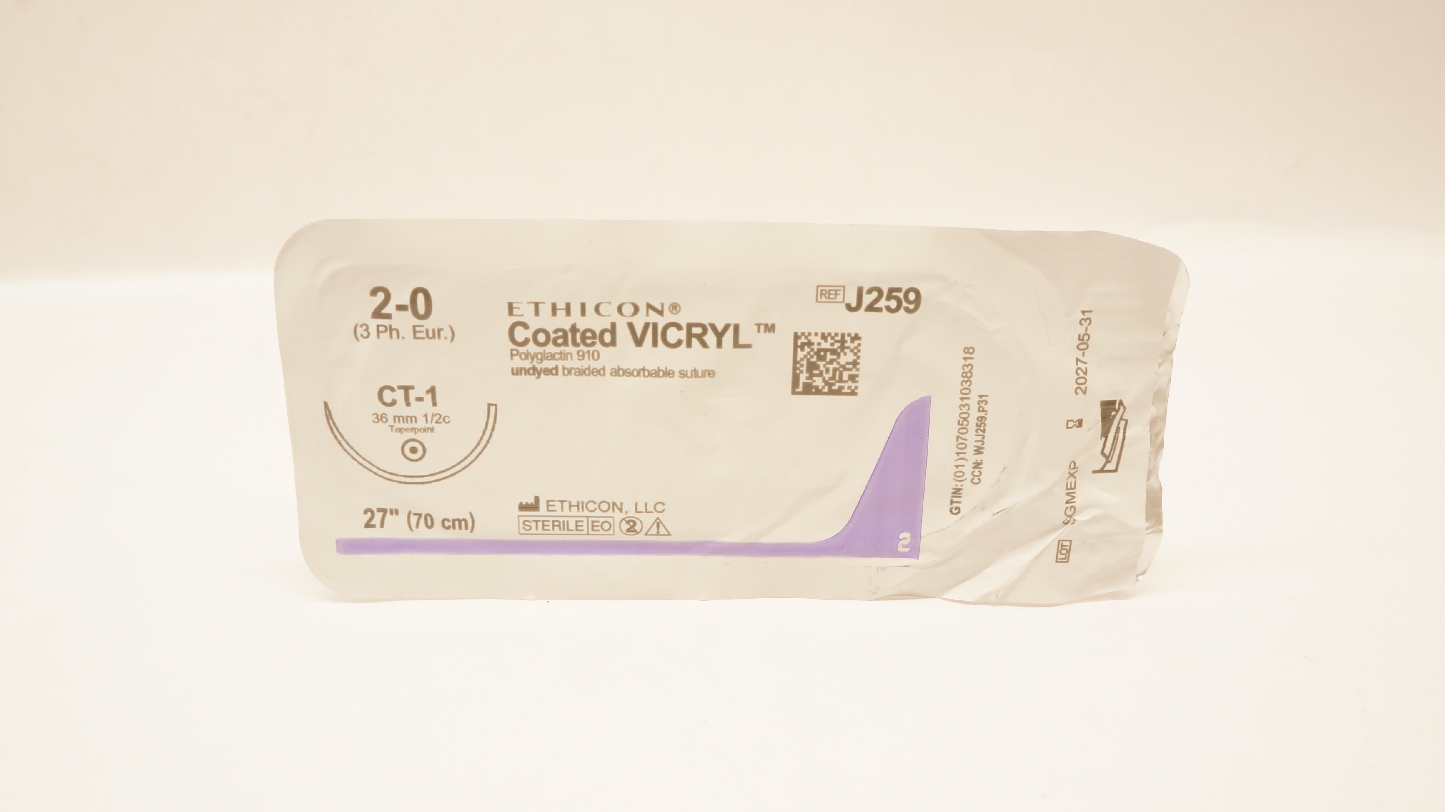 Ethicon J259 2-0 Coated VICRYL Polyglactin Stre CT-1 36mm 1/2c Taperpoint 27inch