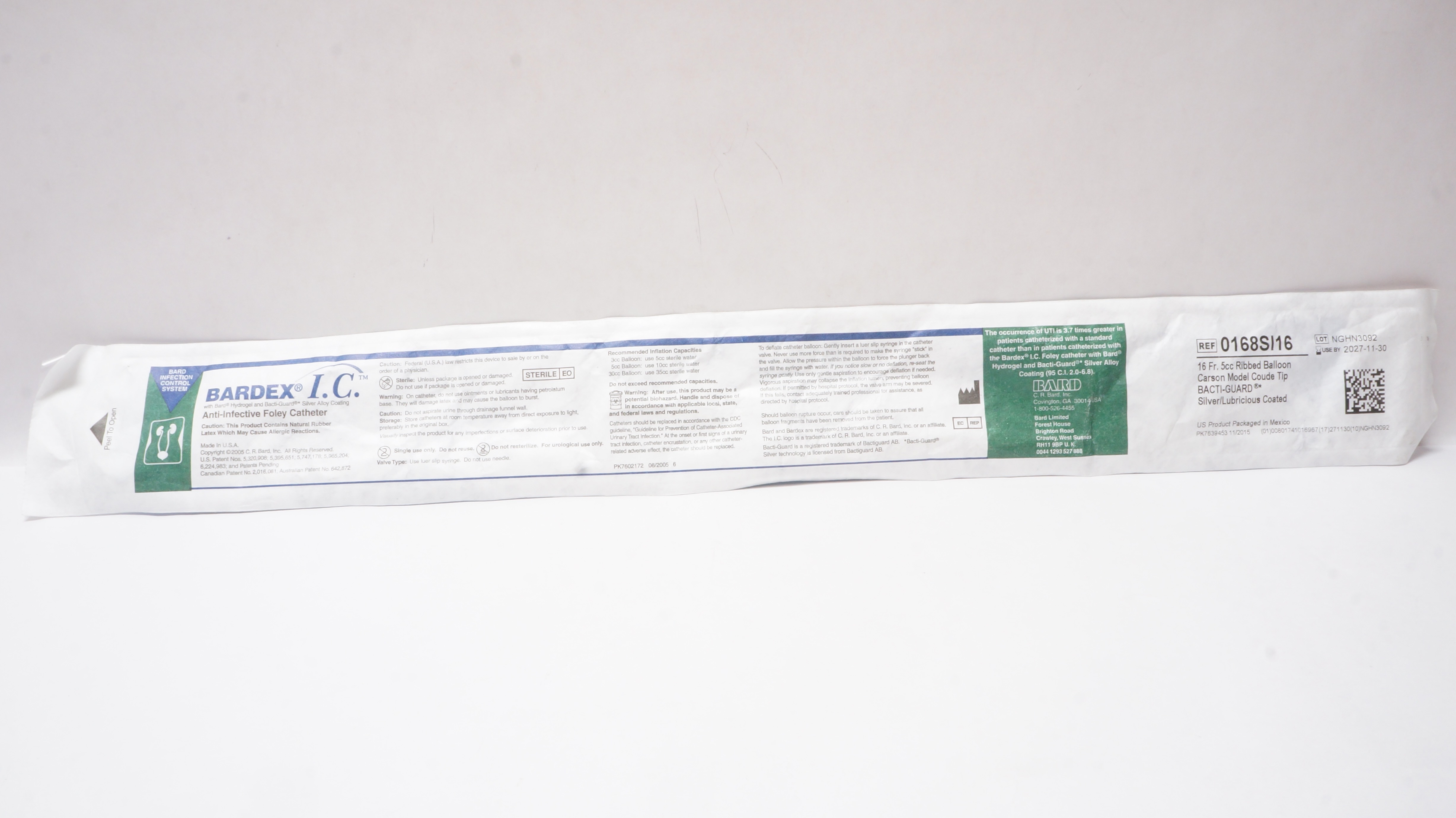 Bard 0168SI16 Bardex I.C. Anti-Infective Foley Cath. 16Fr 5cc Ribbed Balloon