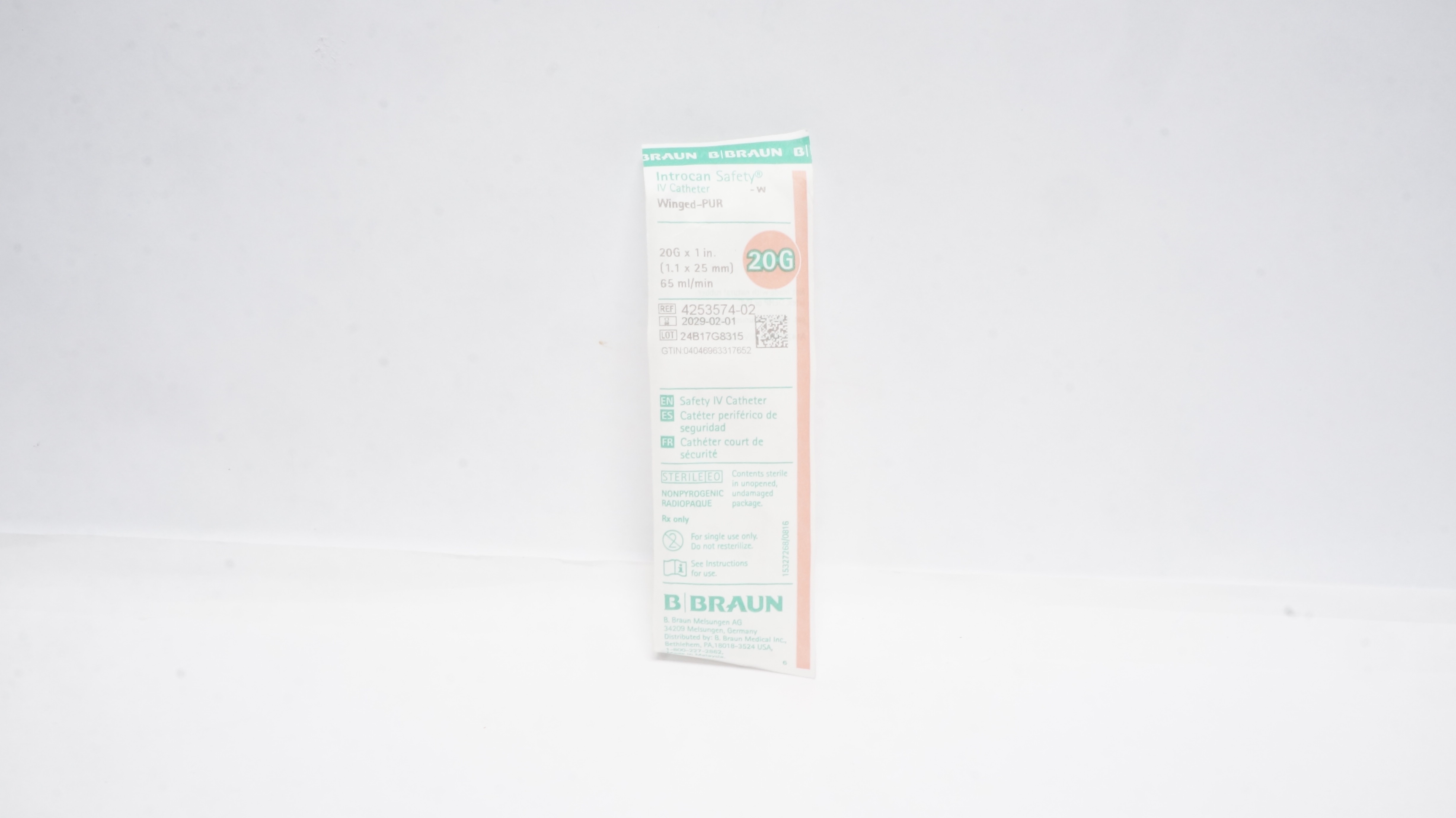 Braun 4253574-02 Introcan Safety IV Cath. Winged-PUR 20G x 1 inch, 65ml/min