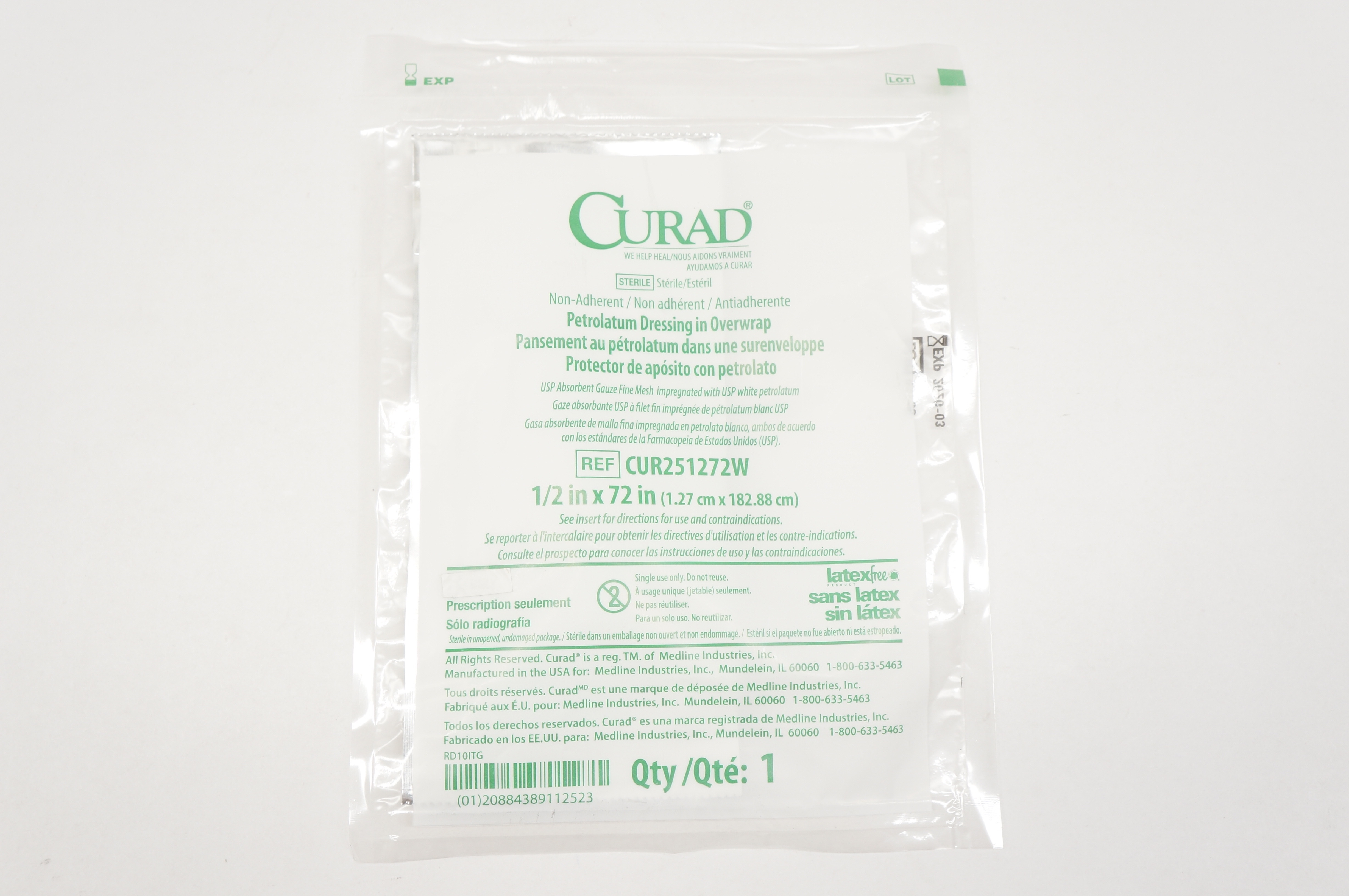 Curad CUR251272W Petrolatum Dressing in Overwrap 1/2inch x 72inch (x)