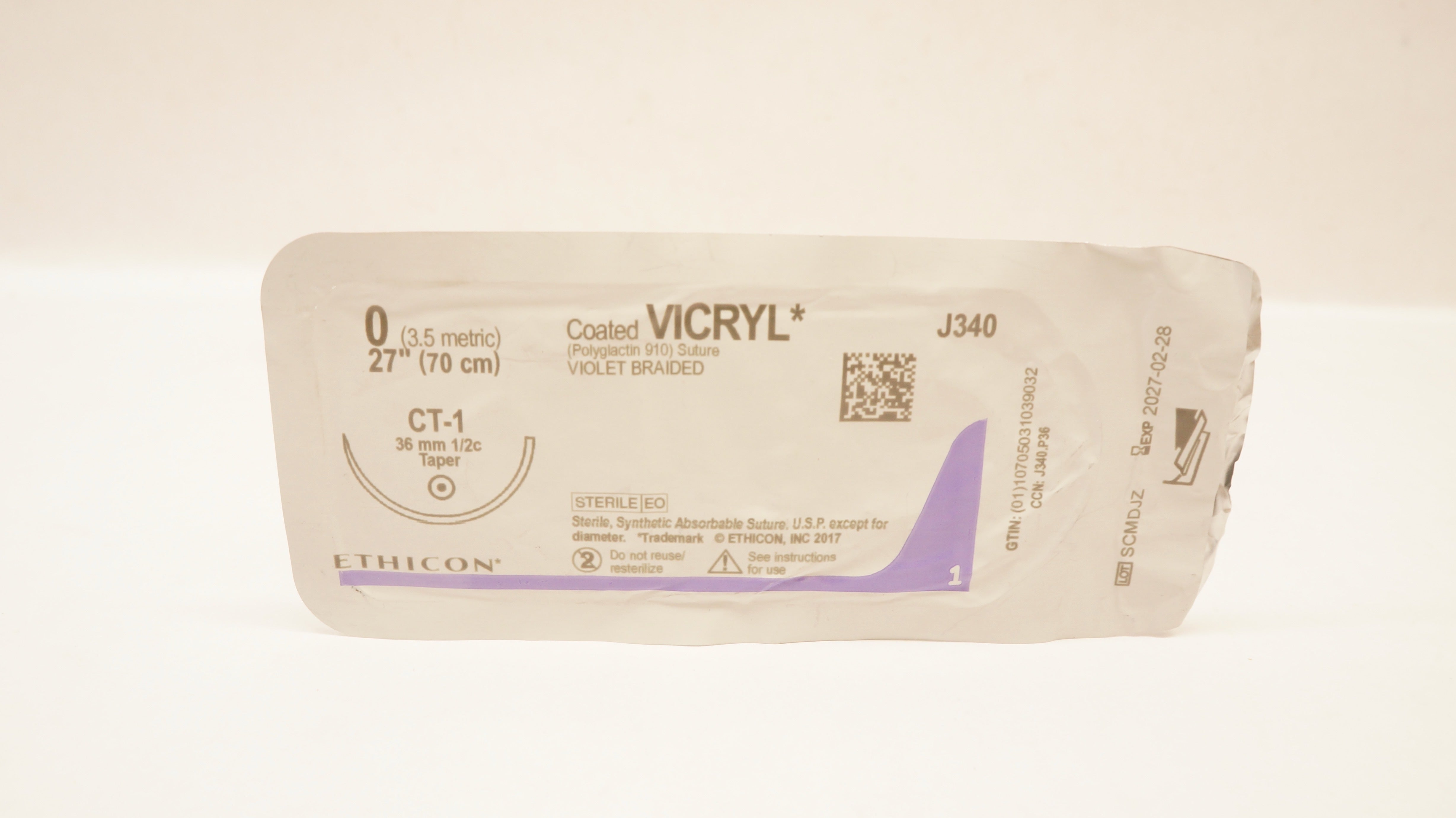 Ethicon J340 0 Coated VICRYL Stre, CT-1 36mm 1/2c Taper, 27inch