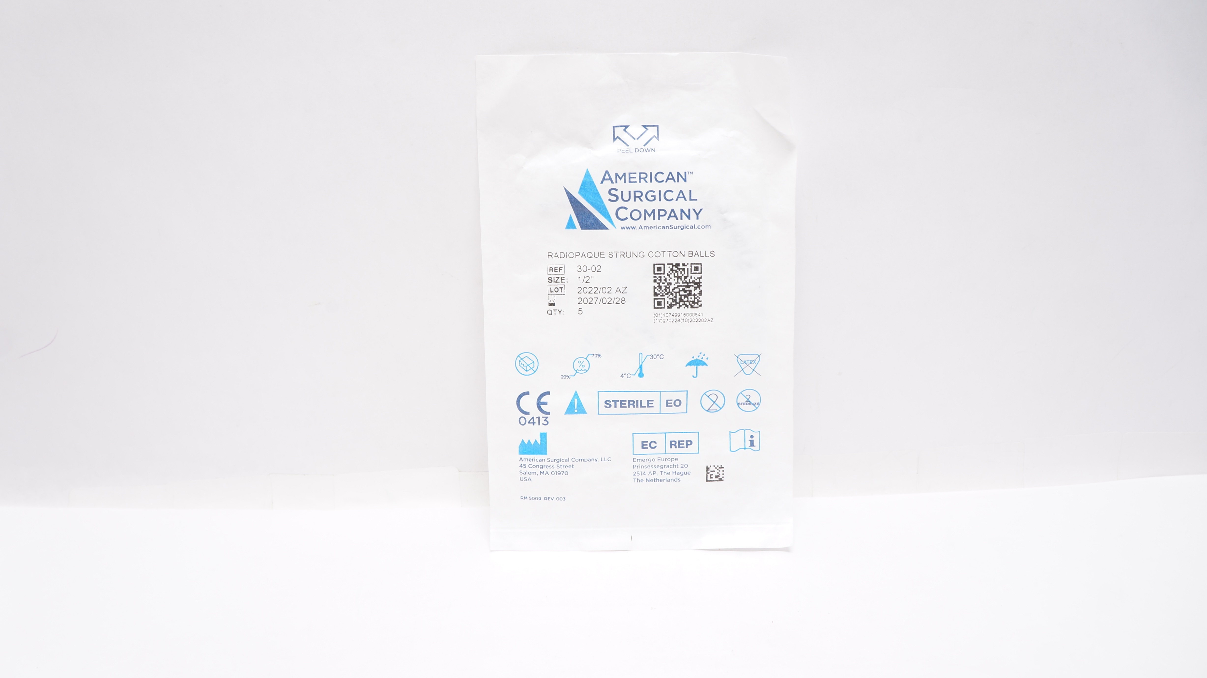 American Surgical Company 30-02 Radiopaque Strung Cotton Balls 1/2 inch