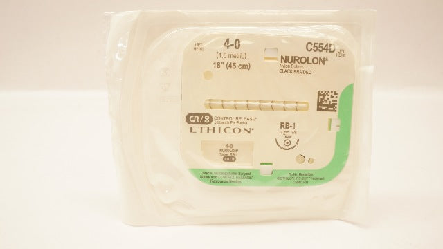 Ethicon C554D 4-0 Nurolon Nylon, RB-1, 17mm 1/2c Taper, 18inch (x)