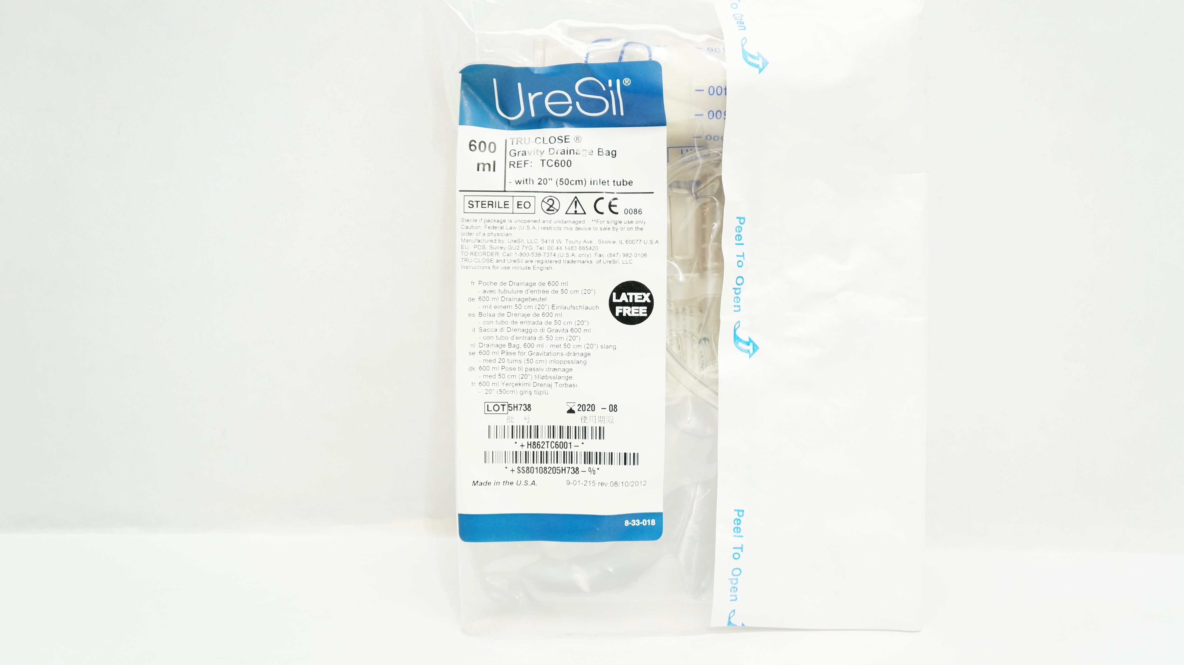 UreSil TC600 Tru-Close Gravity Drainage Bag w/Inlet Tube, 600mL x 20inch (x)