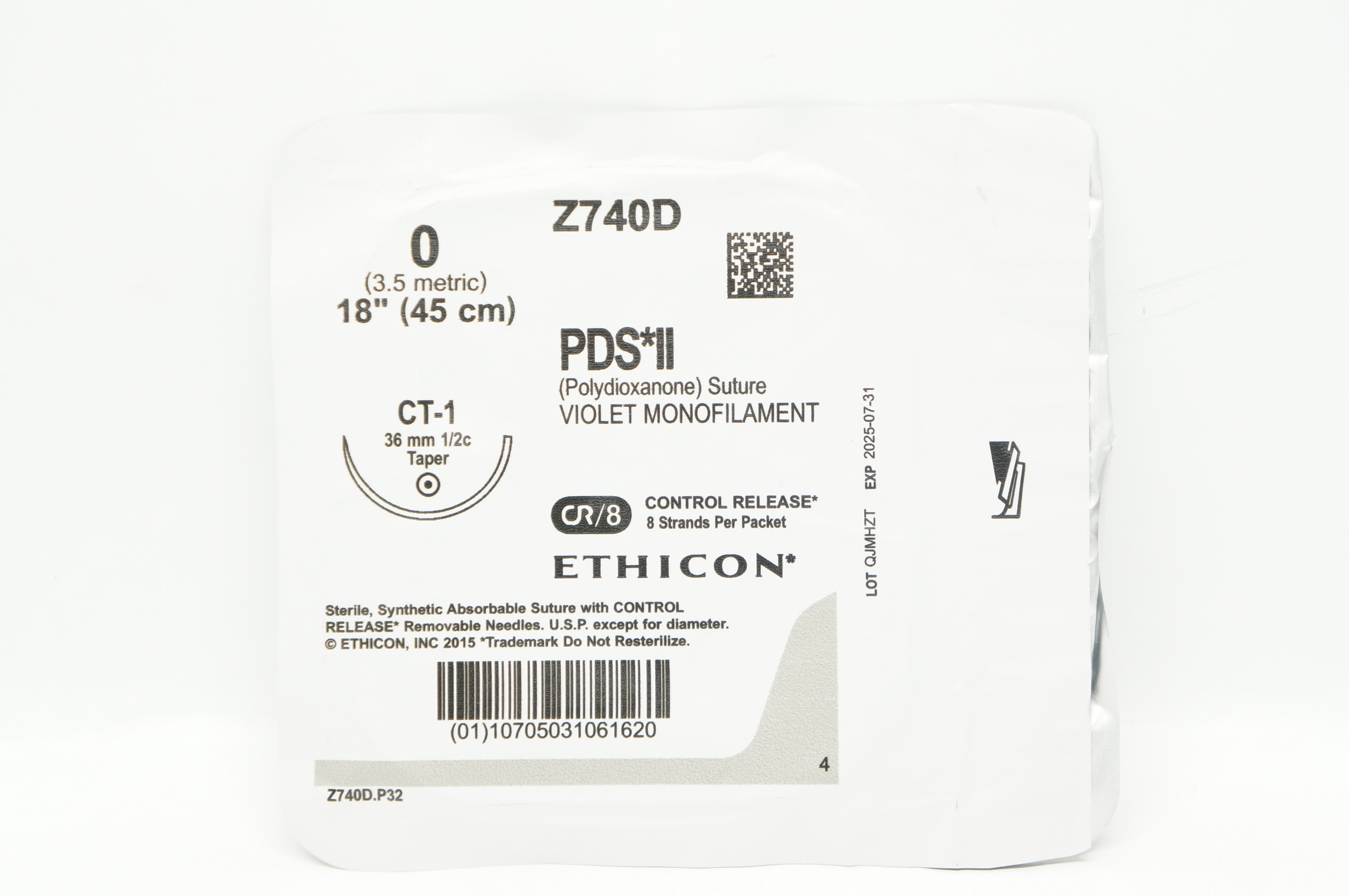 Ethicon Z740D 0 PDS II VIOLET MONOFILAMENT CT-1 36mm 1/2c Taper, 18inch