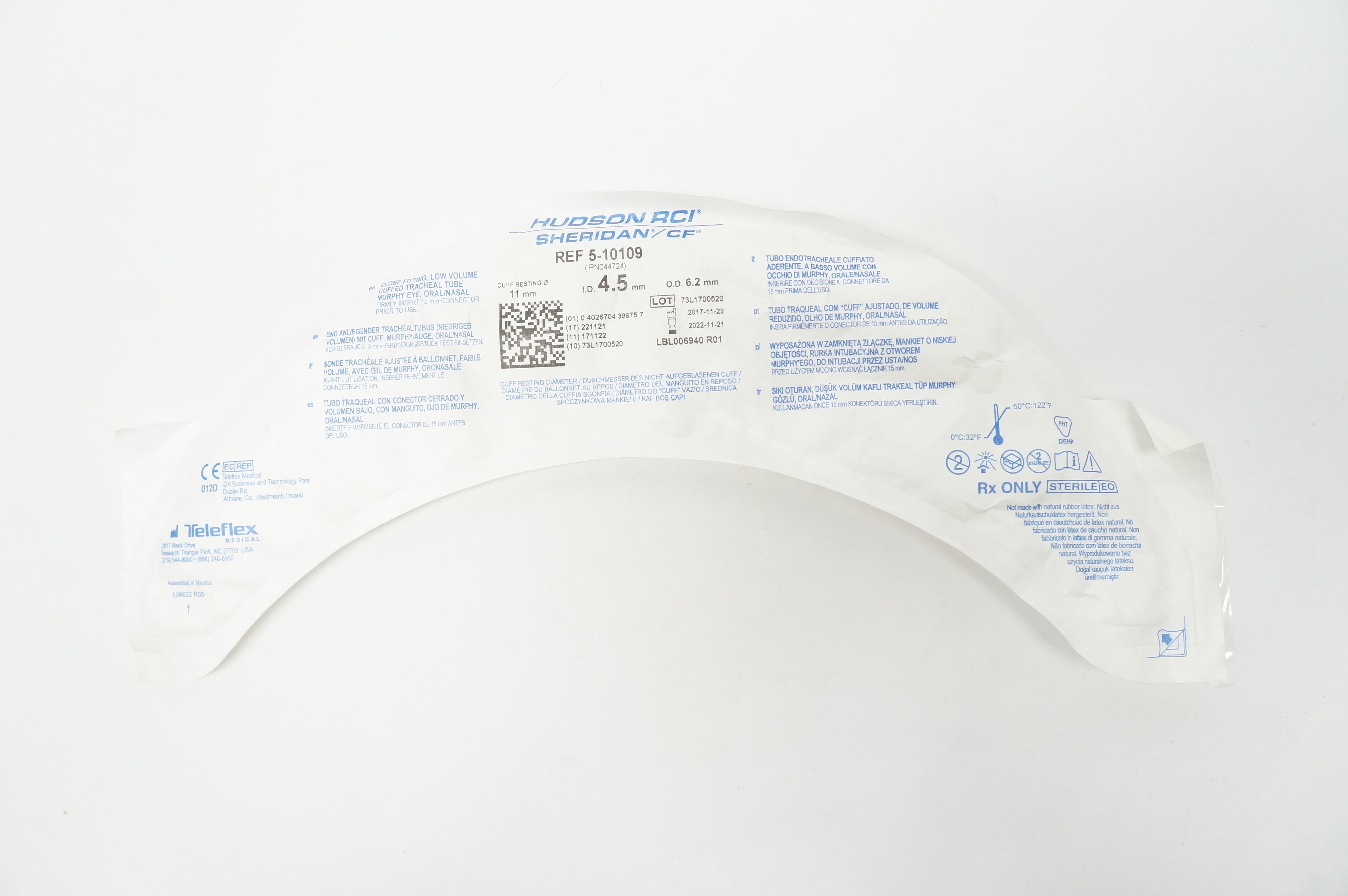 Teleflex 5-10109 Hudson RCI Sheridan Uncuffed Tracheal Tube 4.5mm x 6.2mm