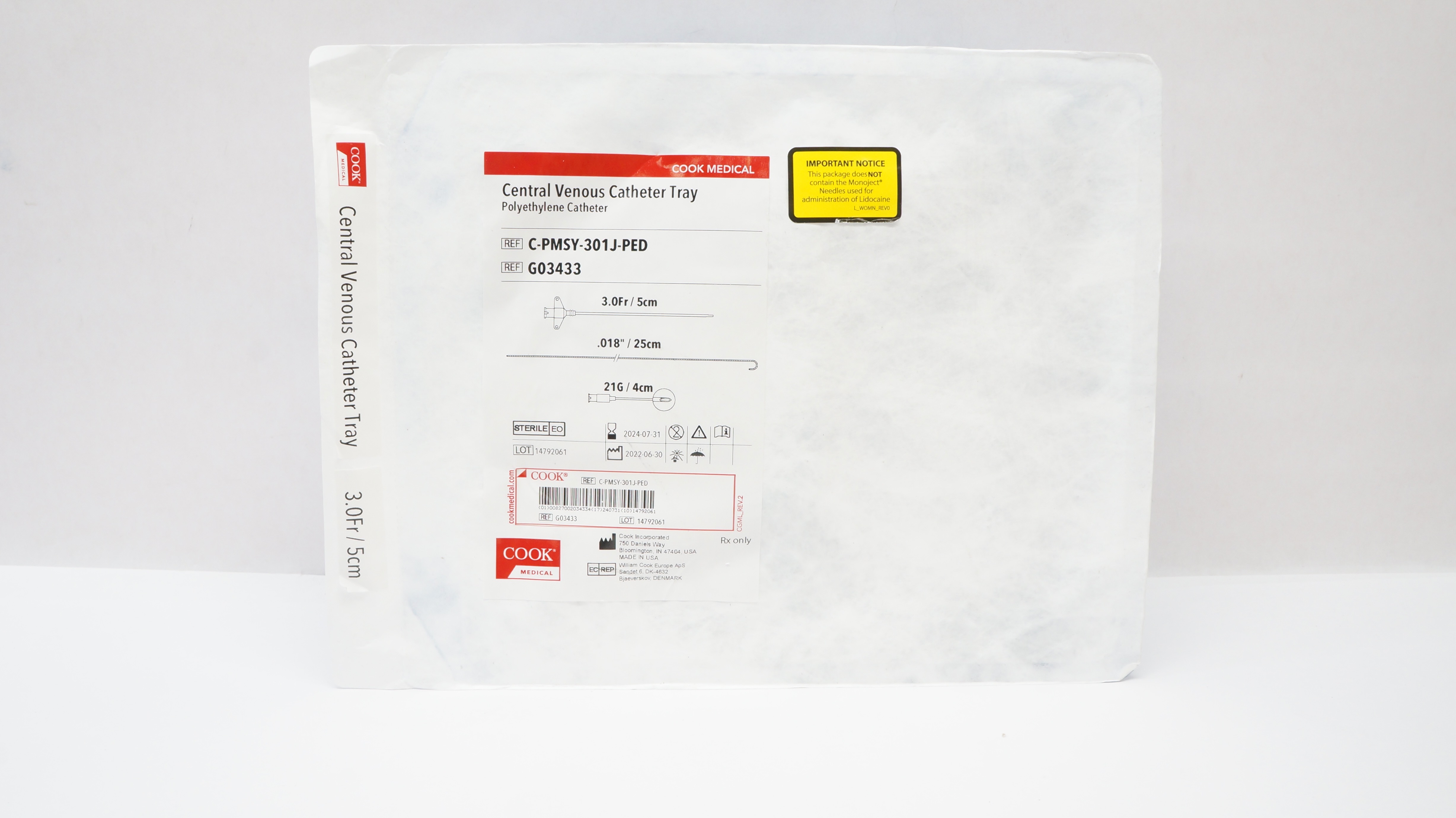 Cook Medical G03433 Central Venous Cath. Tray 3.0Fr/5cm .018inch/25cm  21G/4cm