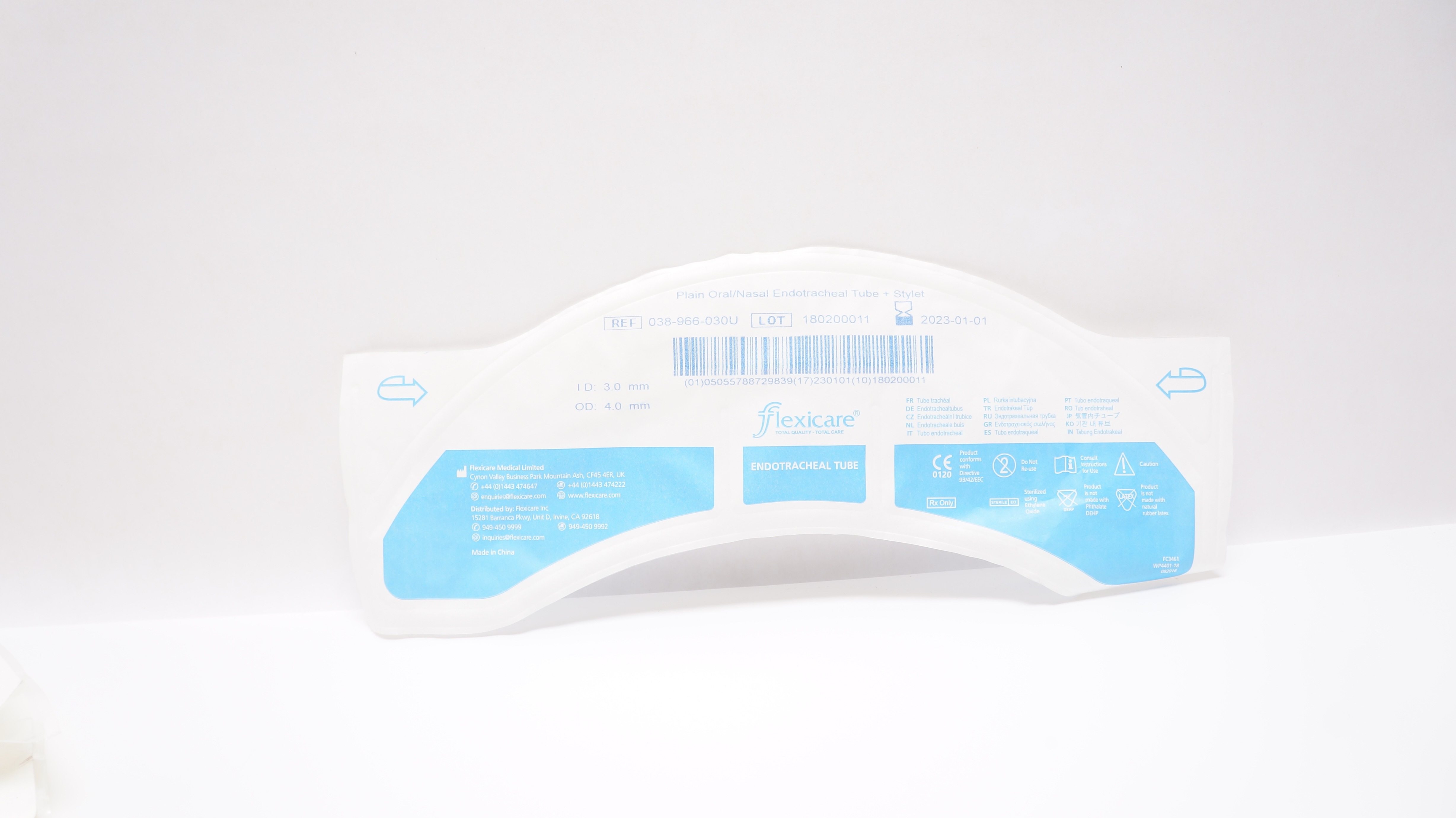 Flexicare 038-966-030U Plain Oral/Nasal ET Tube 3.0mm x 4.0mm with Stylet