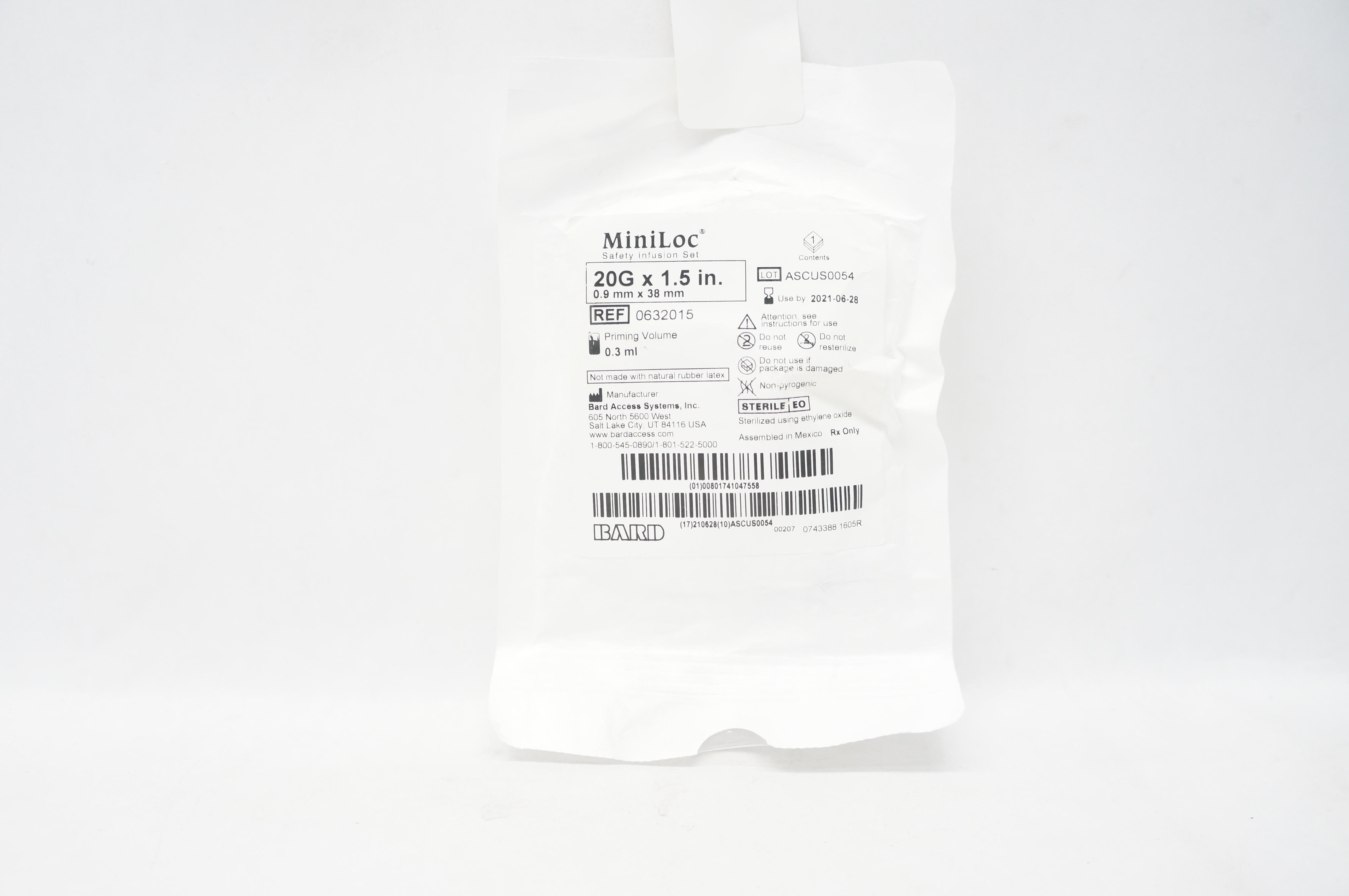 Bard 0632015 MiniLoc Safety Infusion Set 20G x 1.5Inch Priming Volume 0.3mL (x)
