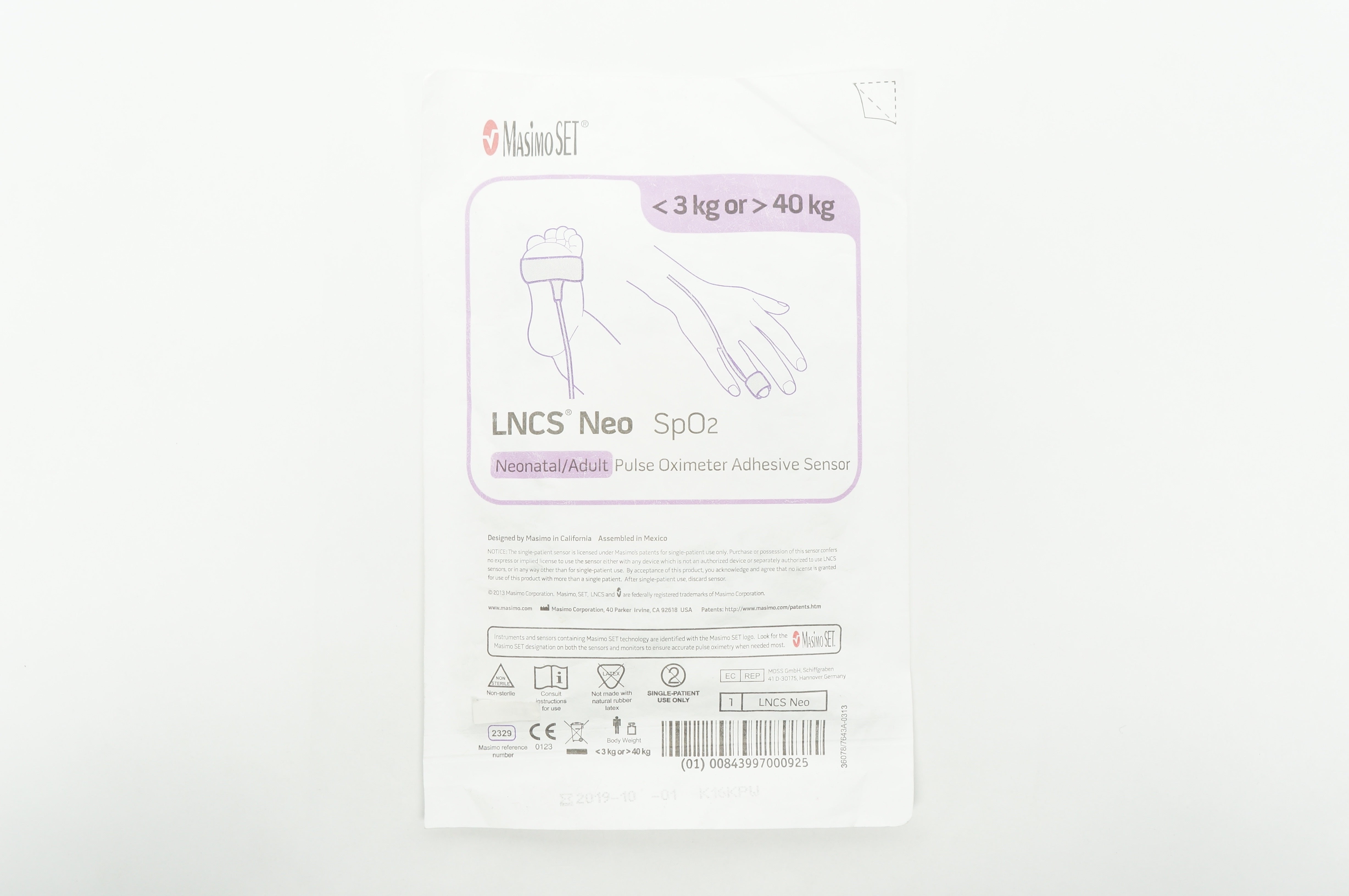 Masimo 2329 LNCS Neo SpO2 Adult Pulse Oximeter Adhesive Sensor <3kg or >40kg (x)