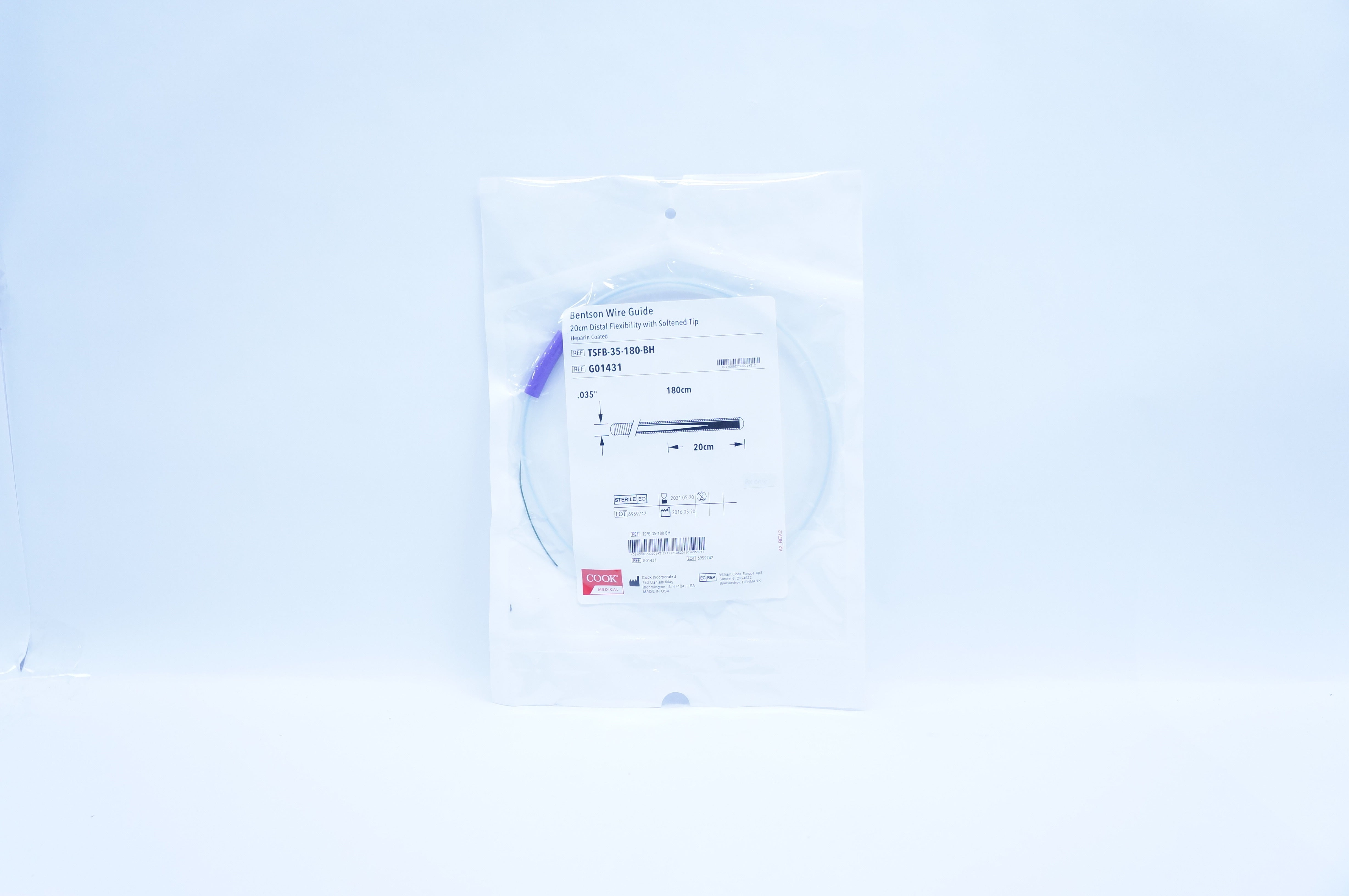 Cook G01431 Bentson Wire Guide 20cm Distal Flexibility .035inch x 180cm