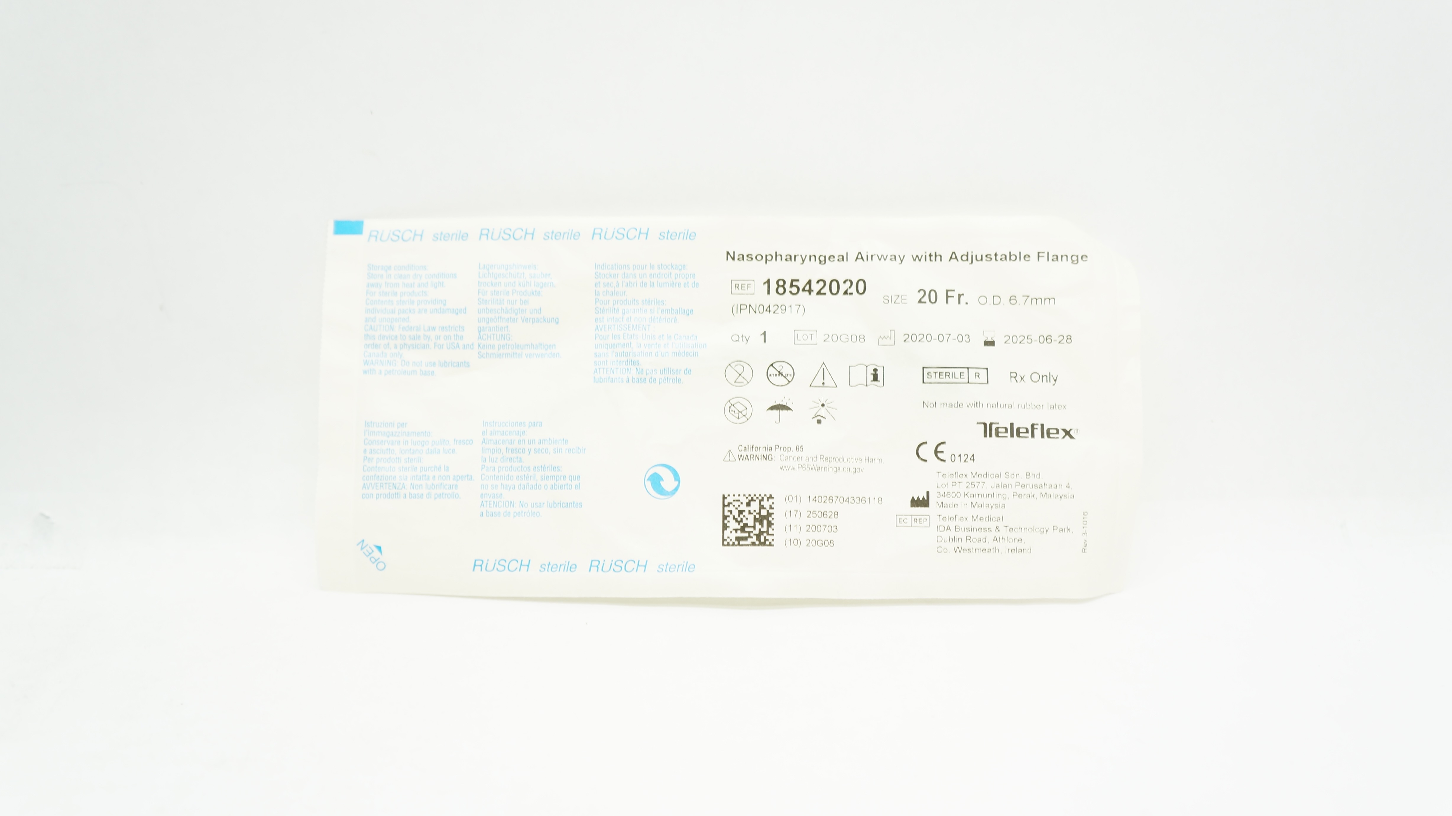Teleflex 18542020 Rusch Nasopharyngeal Airway Adjustable Flange 20Fr x 6.7mm OD