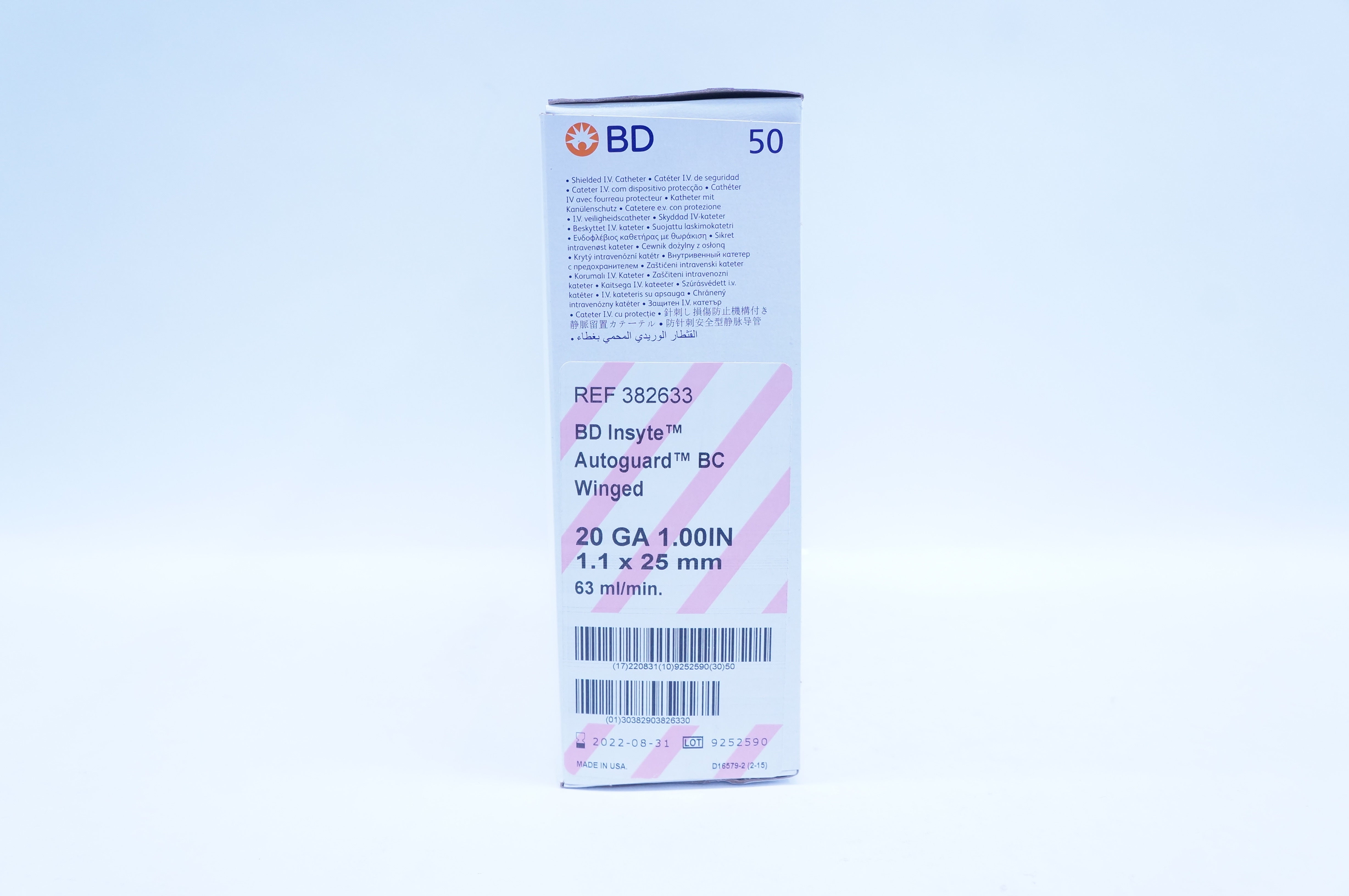 BD 382633 Autoguard BC Winged Shielded I.V. Cath. 20GA x 1.00in. - Box of 50
